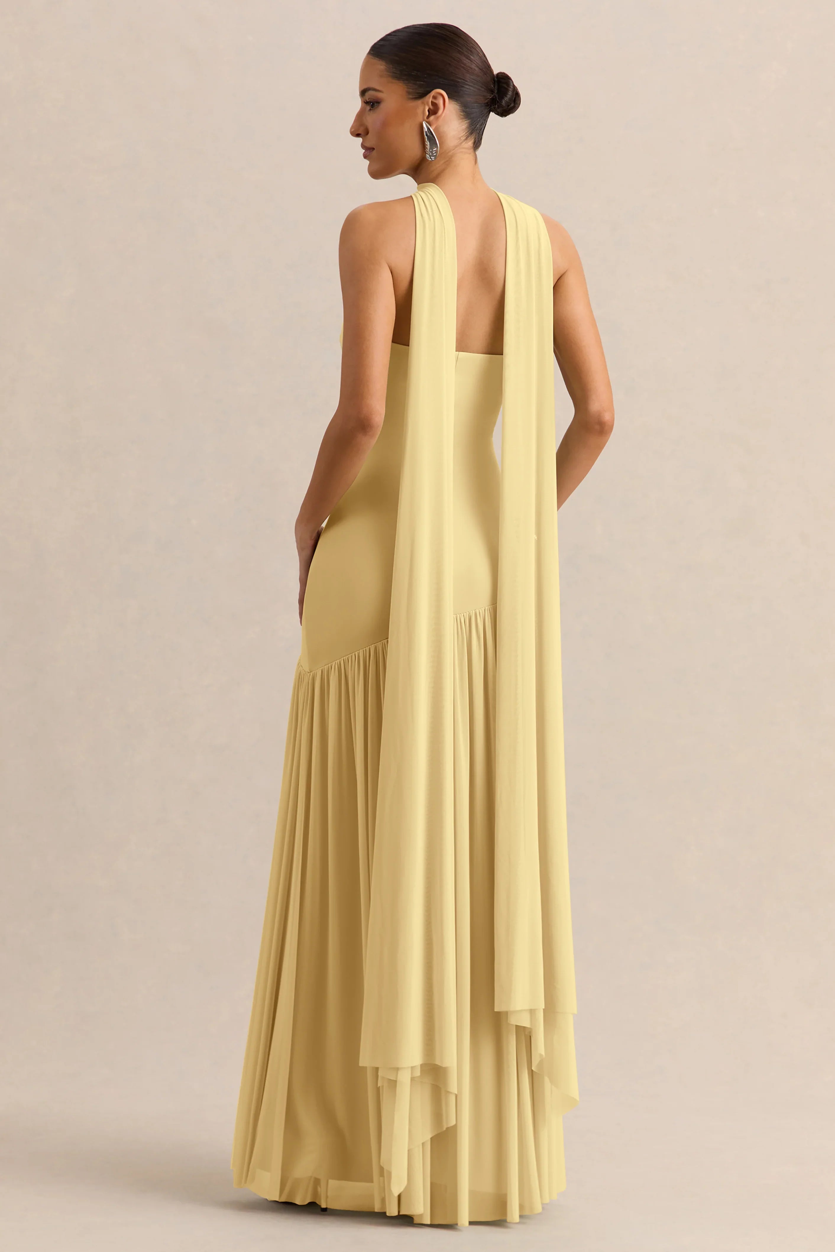 Bambi Lemon Bandeau Neck Maxi Dress With Scarf Detail