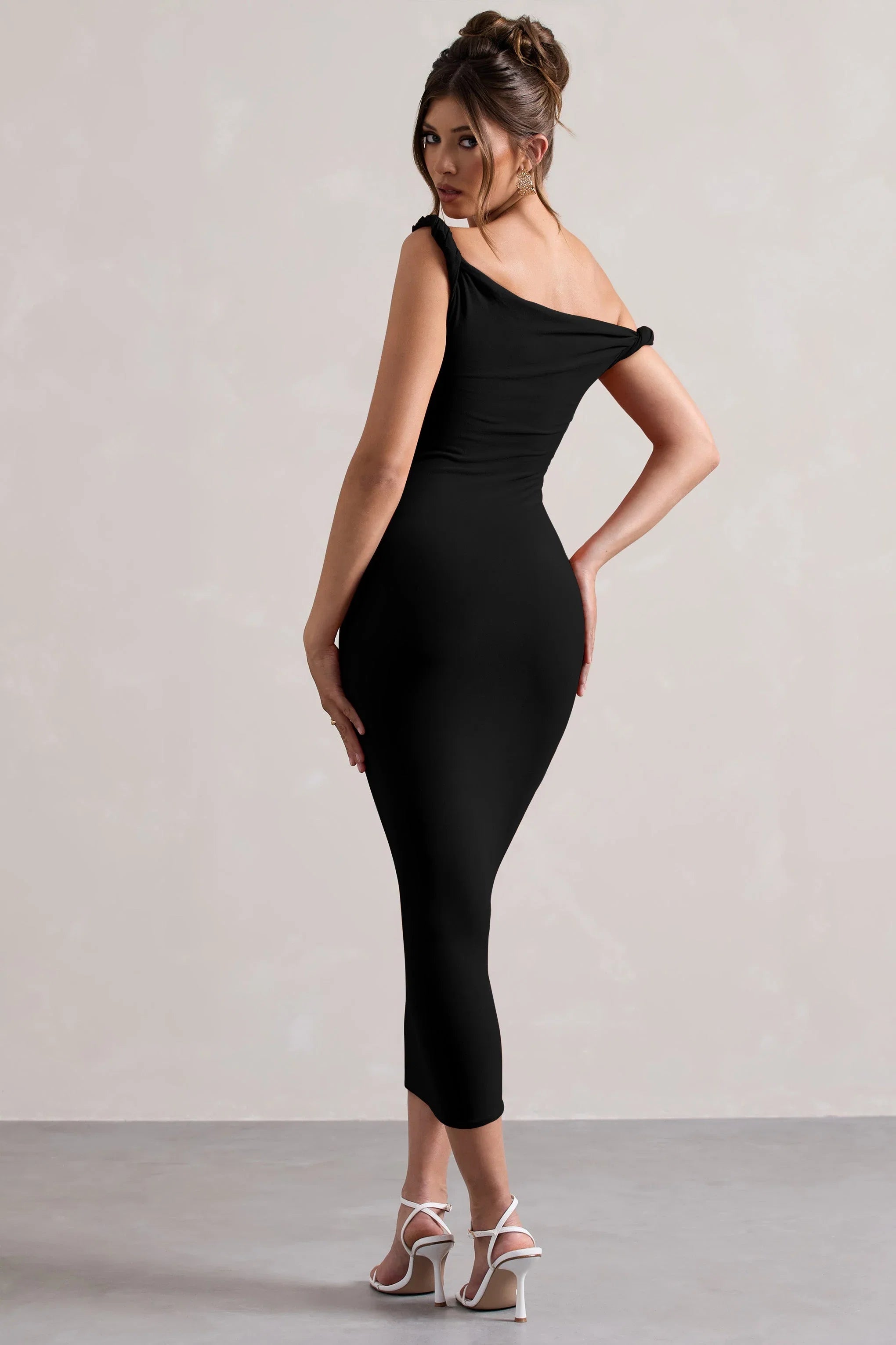 Salome Black Twisted Asymmetric Midi Dress