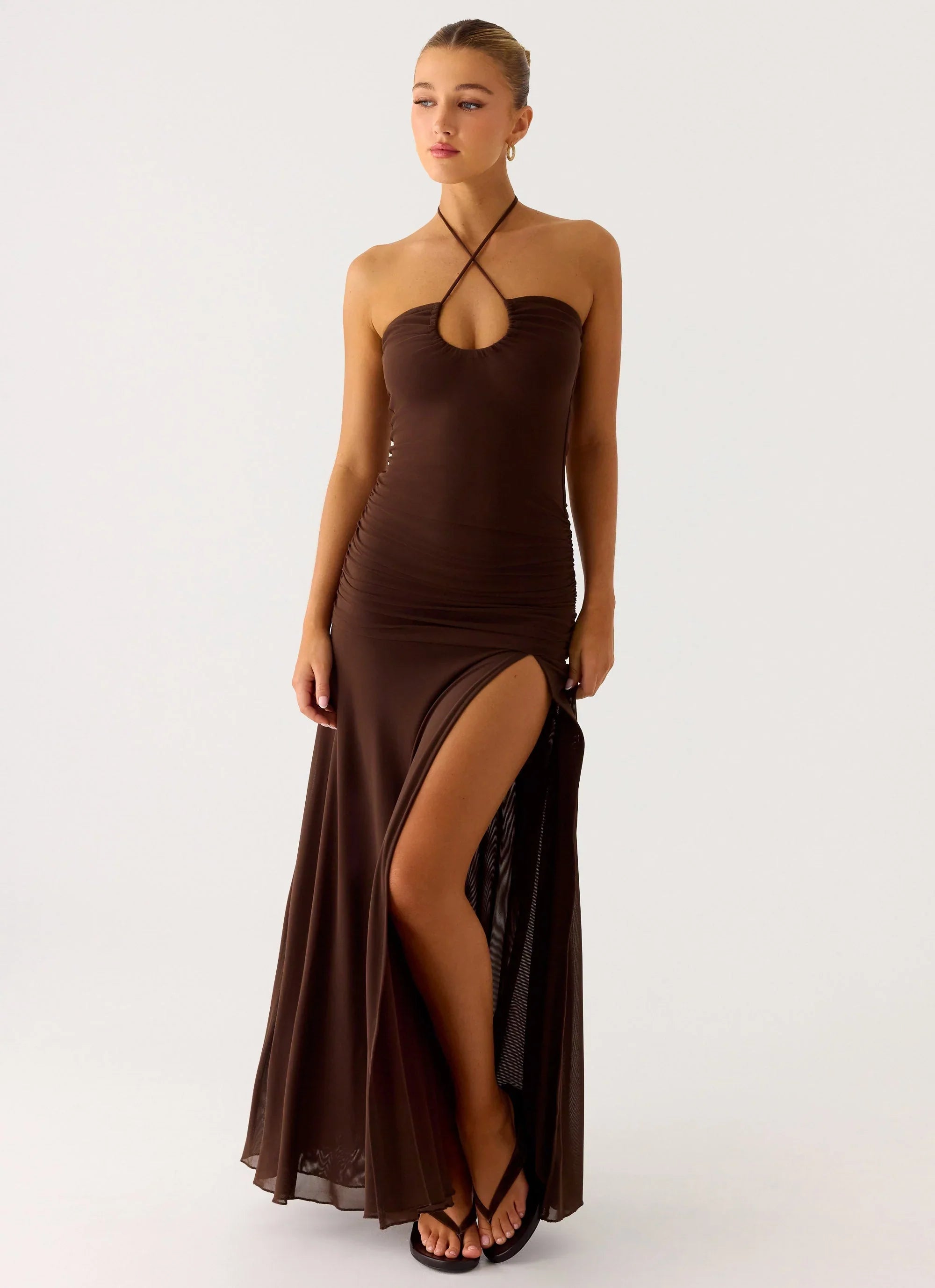 Callie Ruched Maxi Dress Chocolate