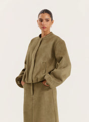 Olive Faux Suede Bomber Jacket