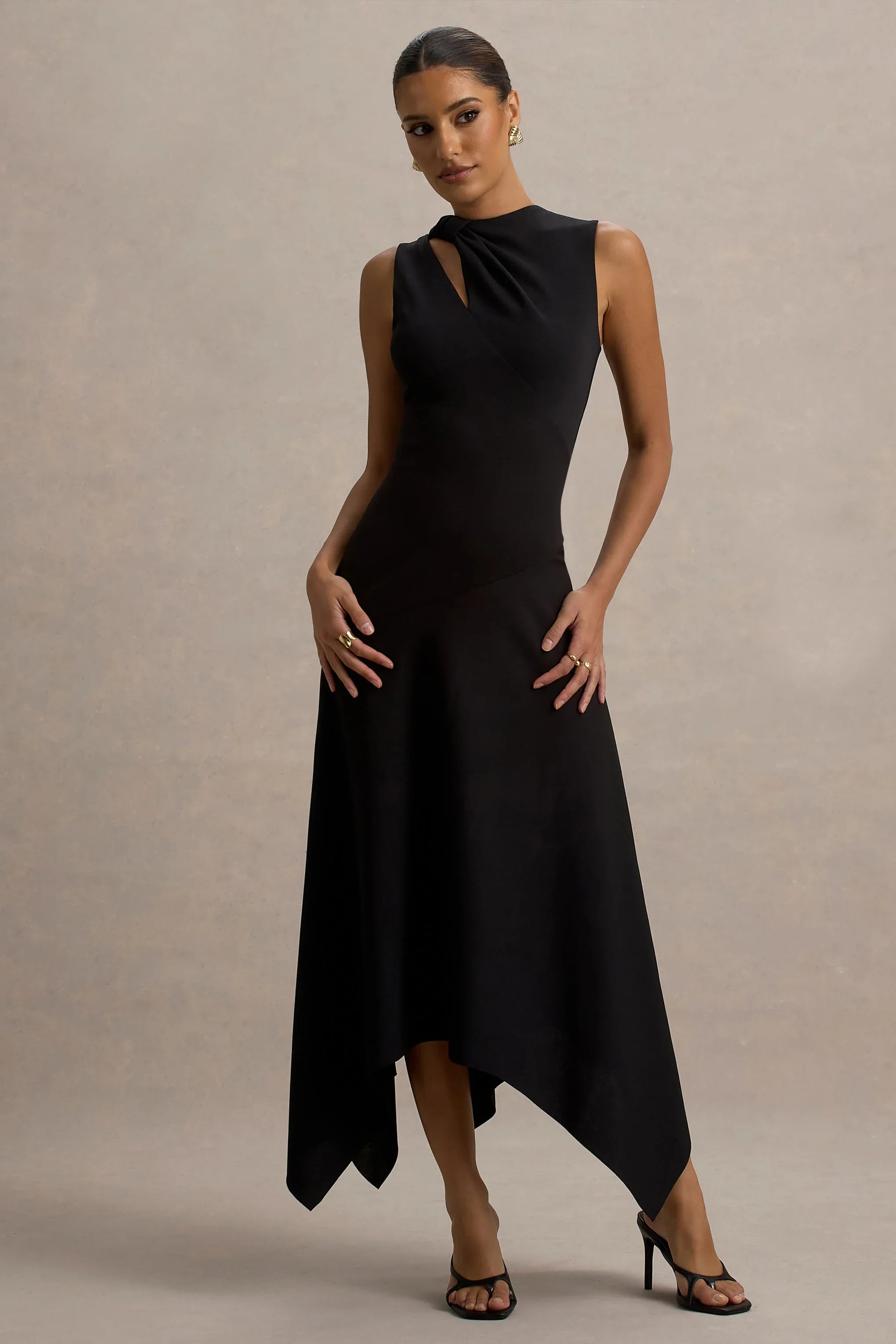 Francesca Black Knotted Midi Dress With Handkerchief Hem