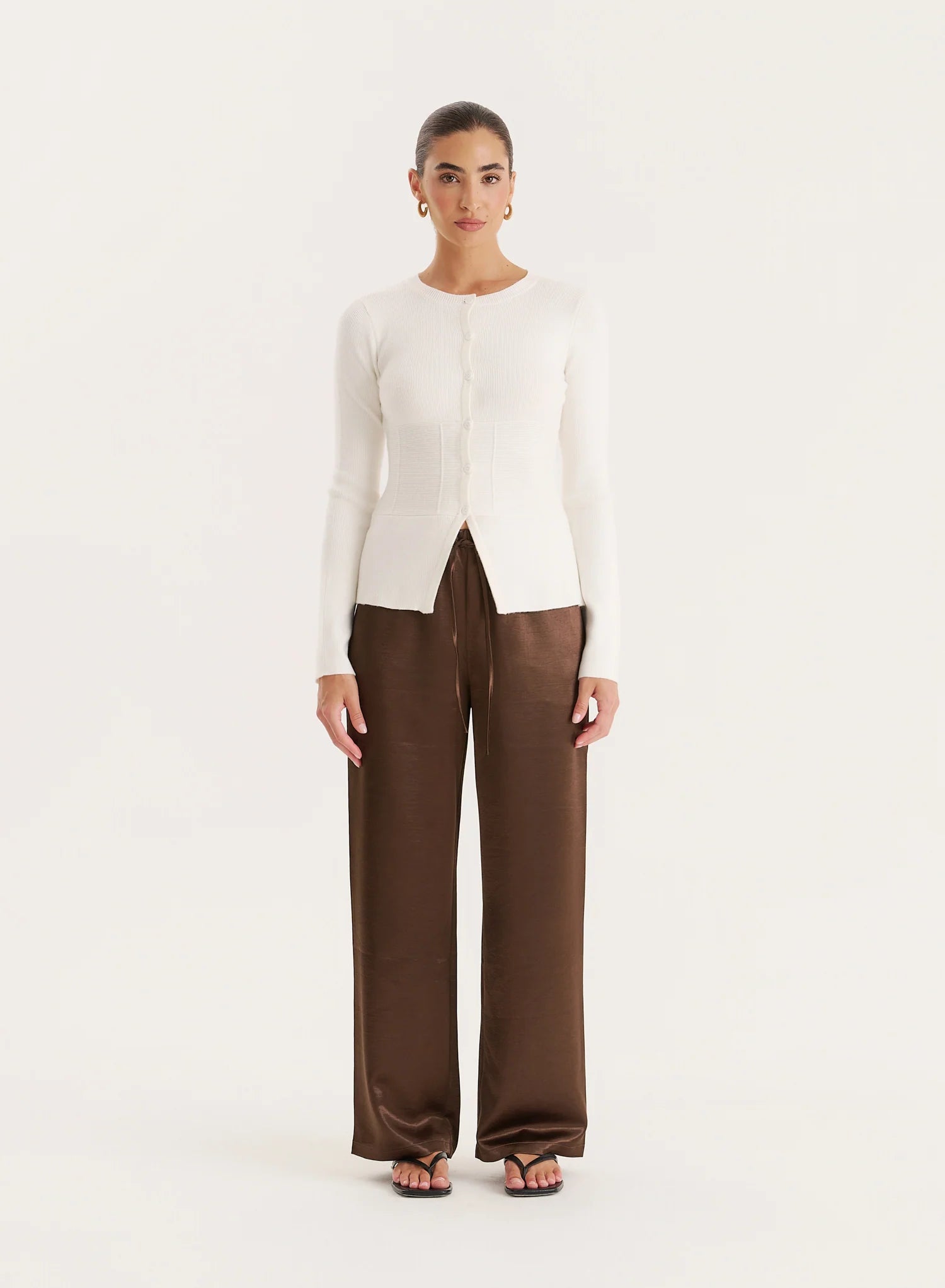 Cream Cinched Waist Knitted Cardigan