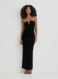 Black Velvet Bandeau Ruched Maxi Dress