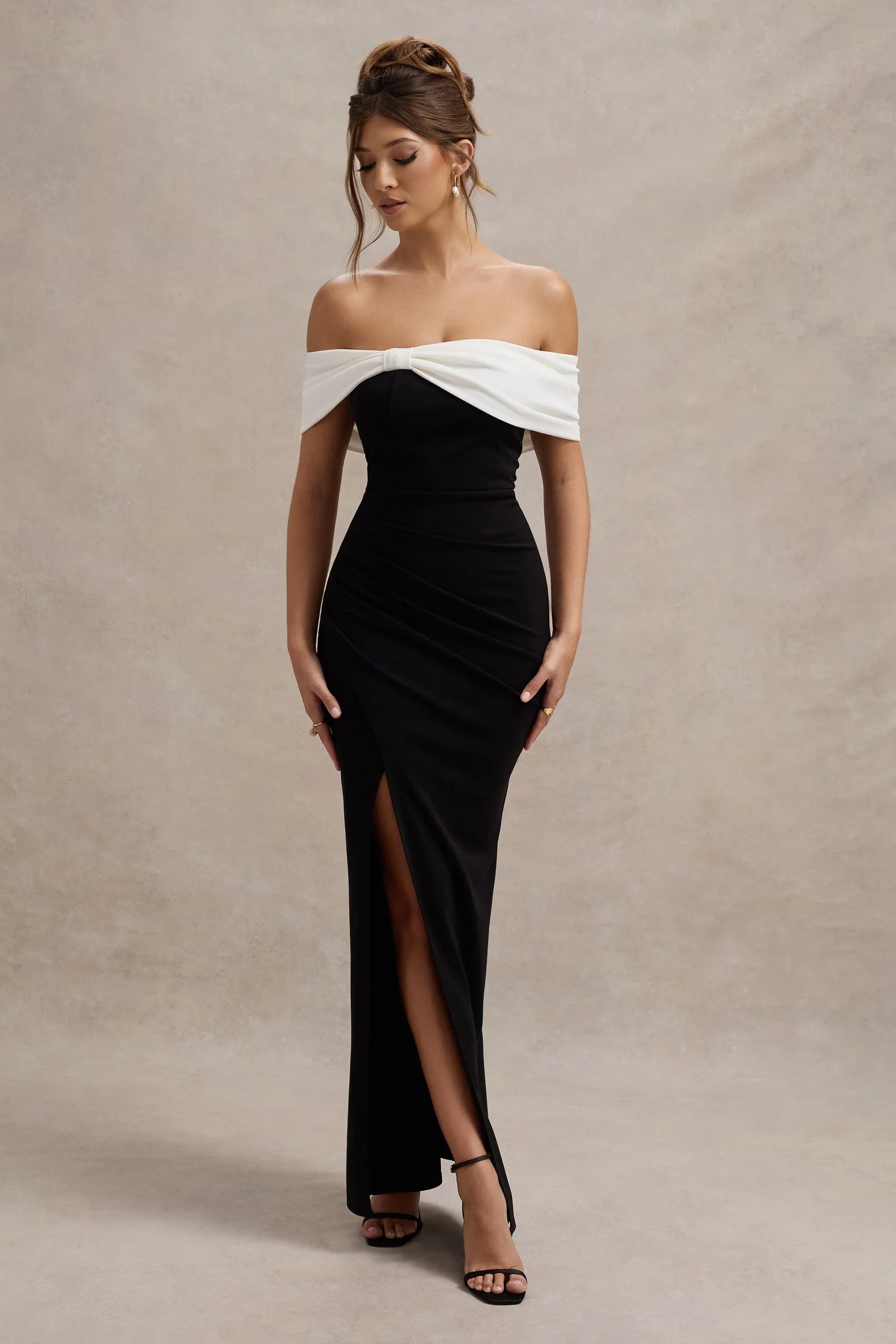 Eva Black White Bardot Bow Detail Maxi Dress With Thigh Split