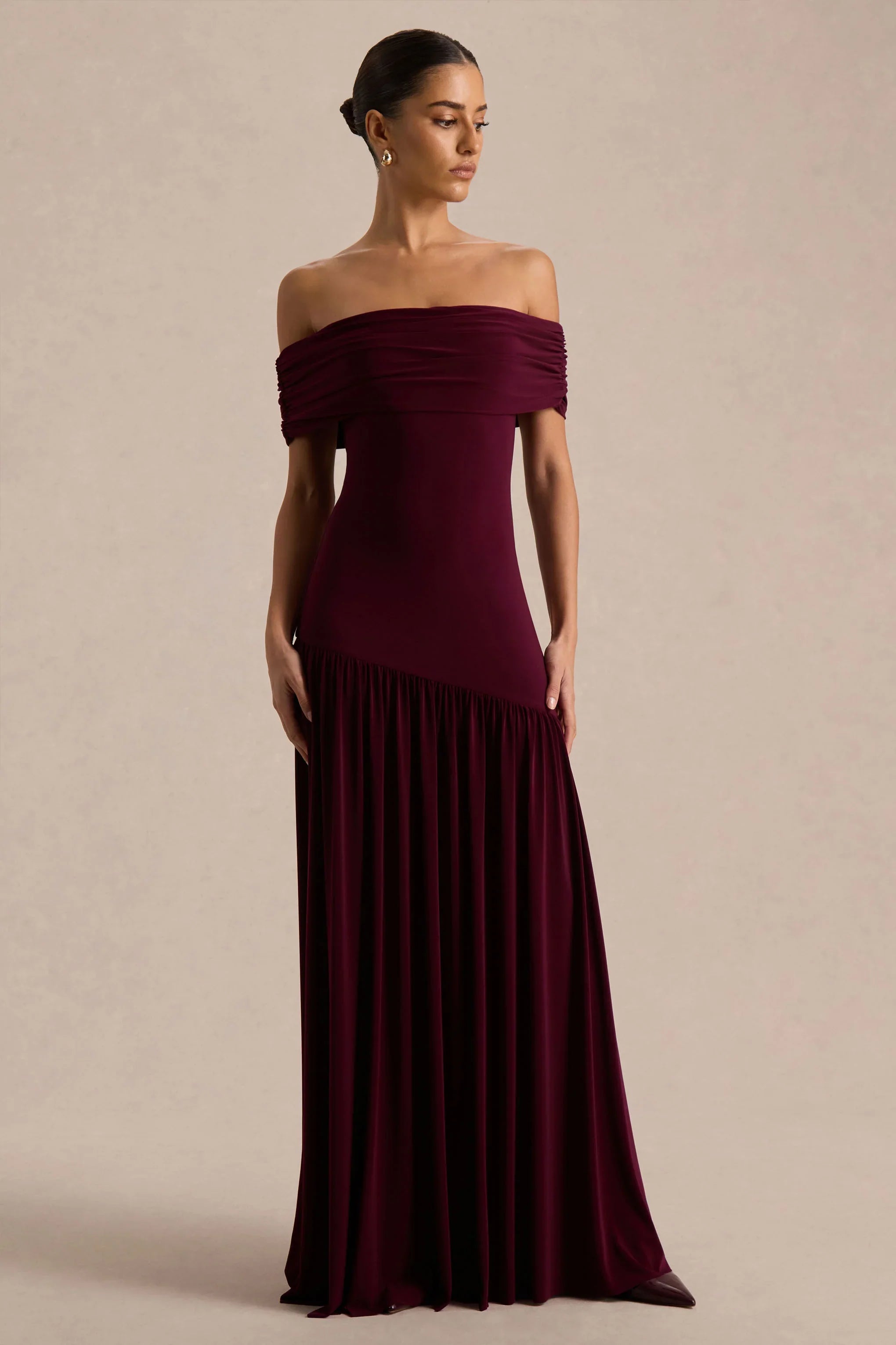 Venezia Burgundy Bardot Maxi Dress With Drop Waist