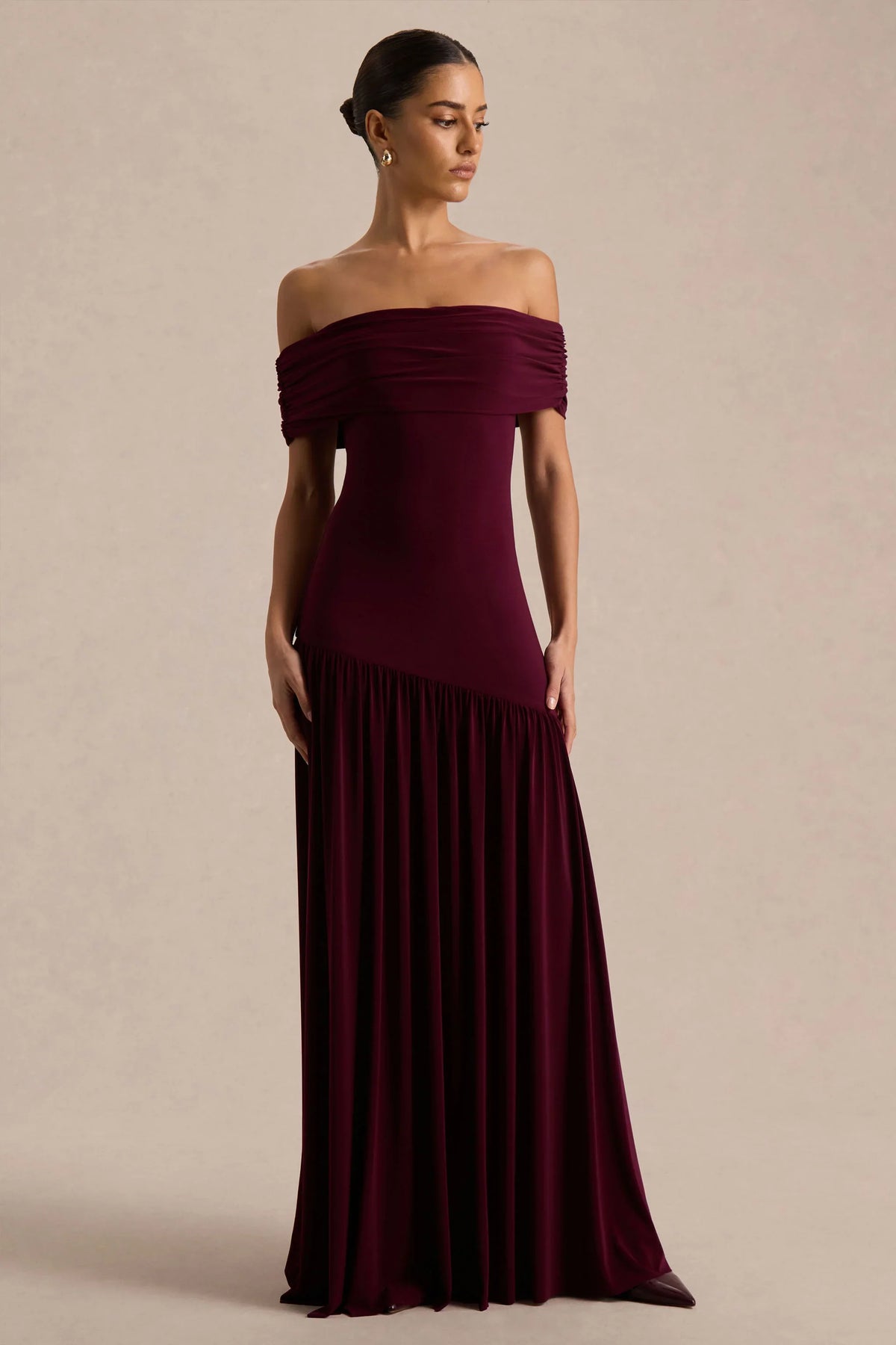 Venezia Burgundy Bardot Maxi Dress With Drop Waist