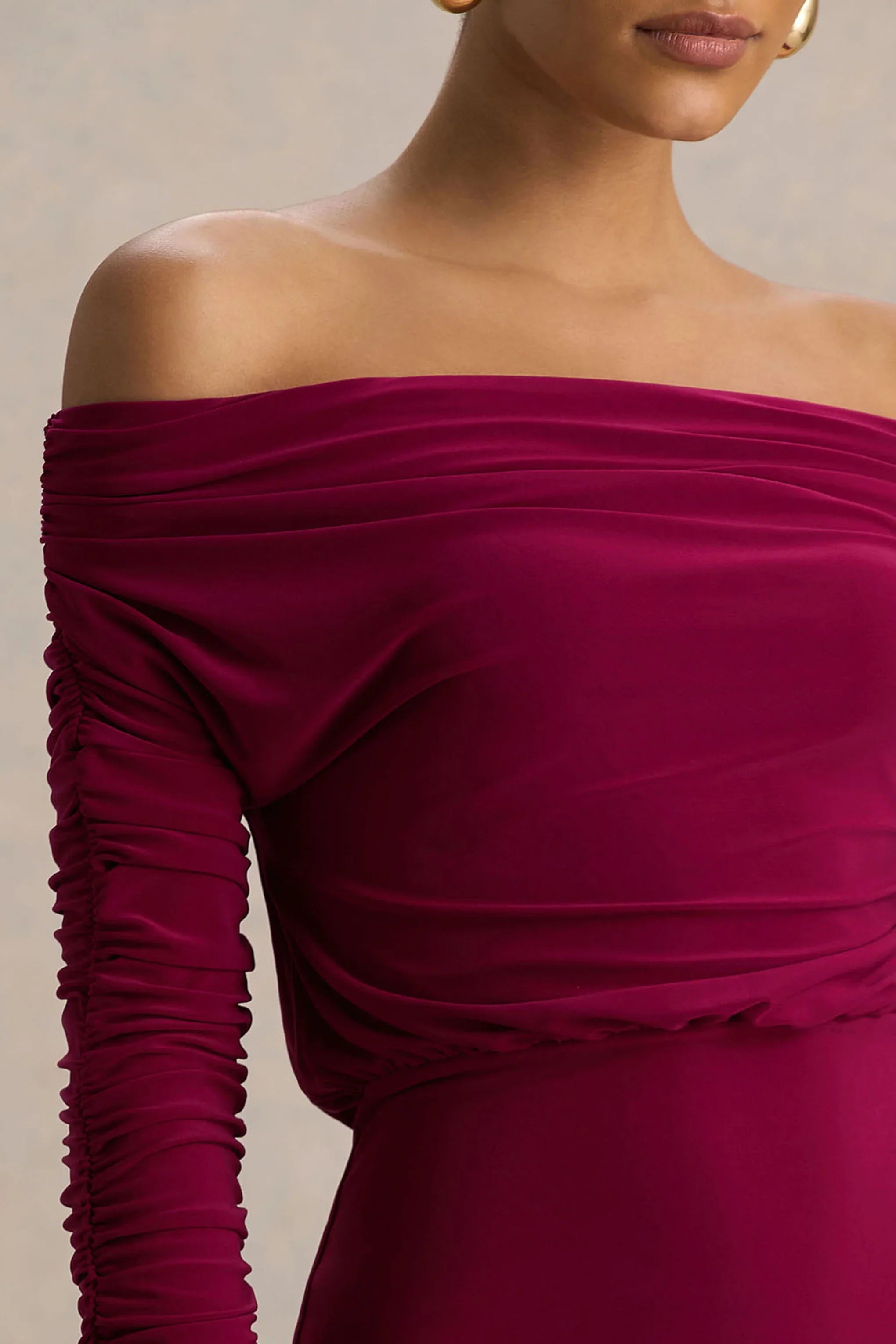 Cilla Burgundy Bardot Neck Maxi Dress With Ruched Detailing