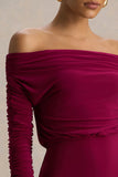 Cilla Burgundy Bardot Neck Maxi Dress With Ruched Detailing