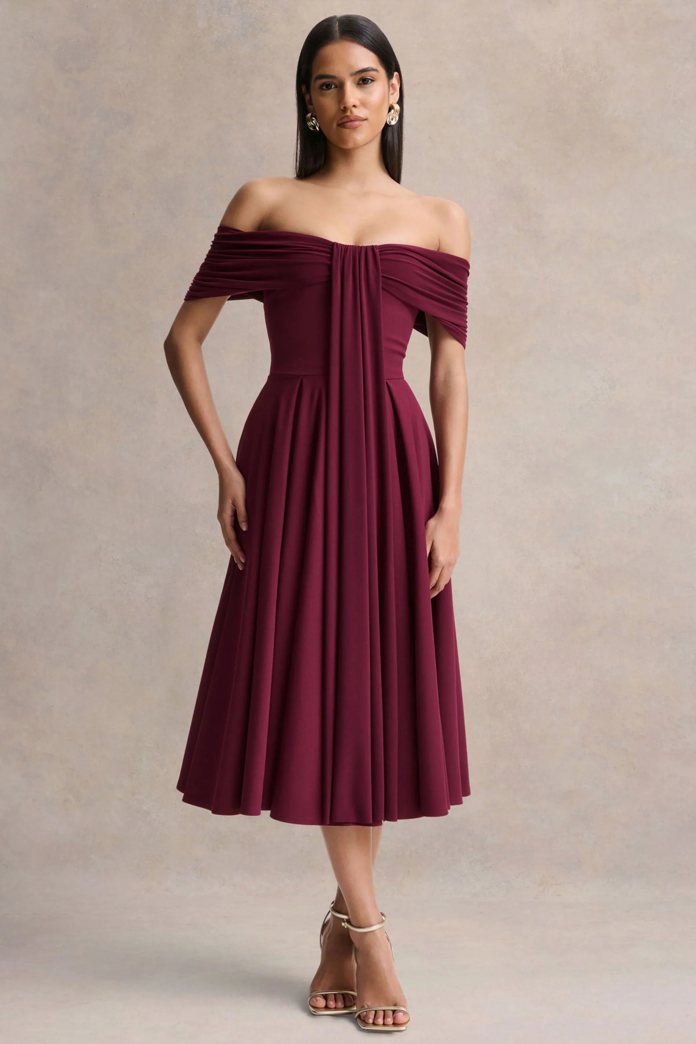 Dearest Burgundy Bardot Neck Midi Dress