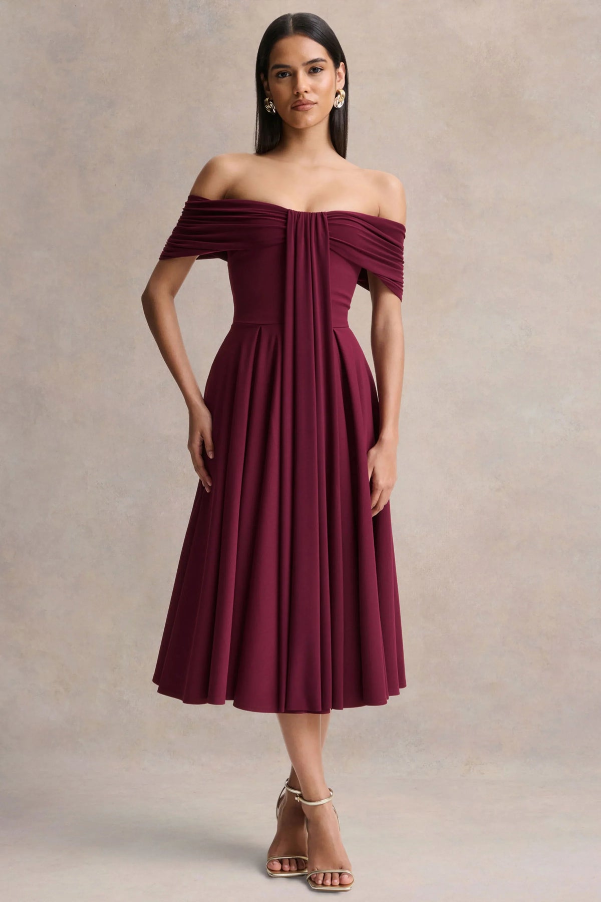Dearest Burgundy Bardot Neck Midi Dress