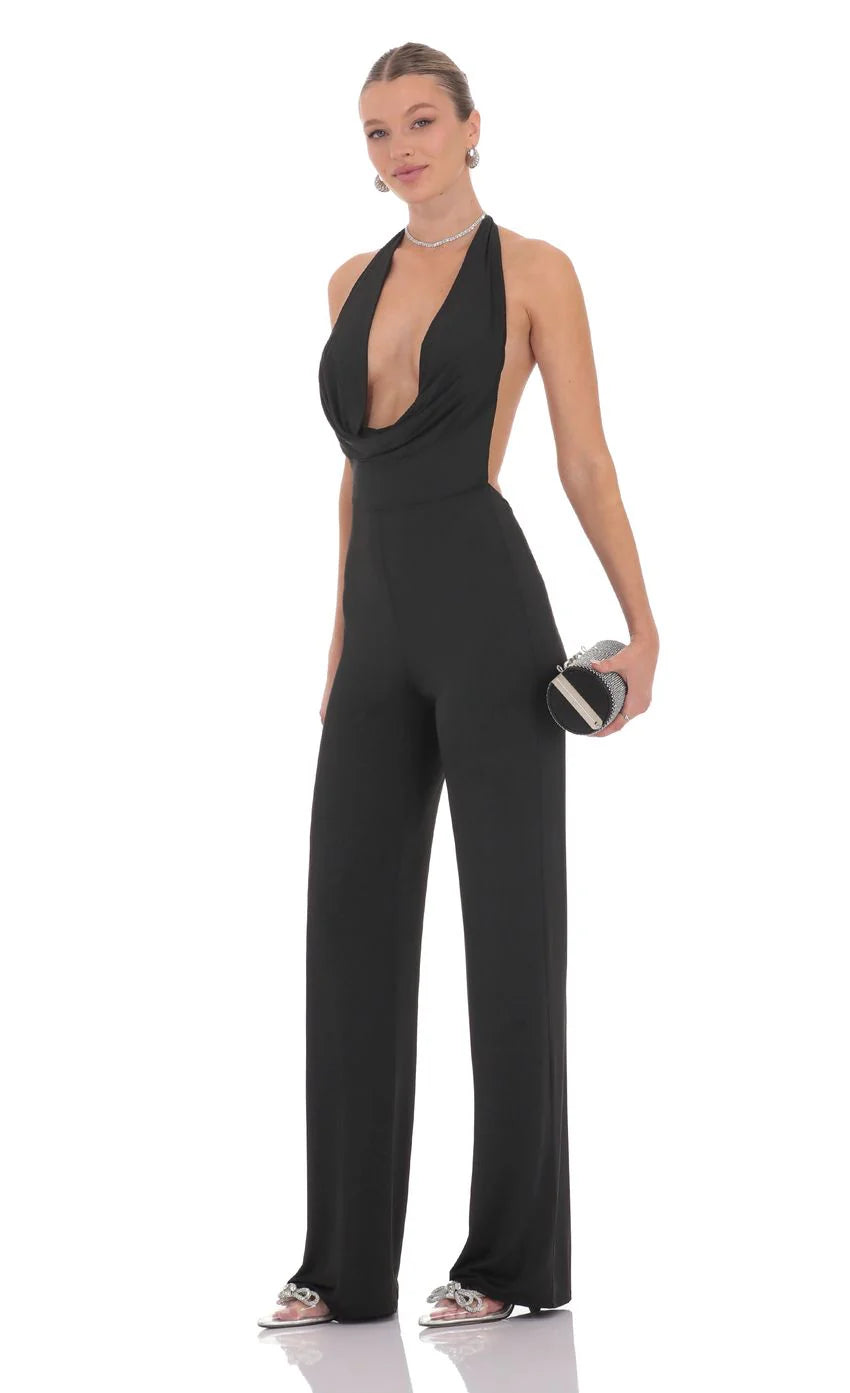 Halter Plunge Neck Jumpsuit in Black