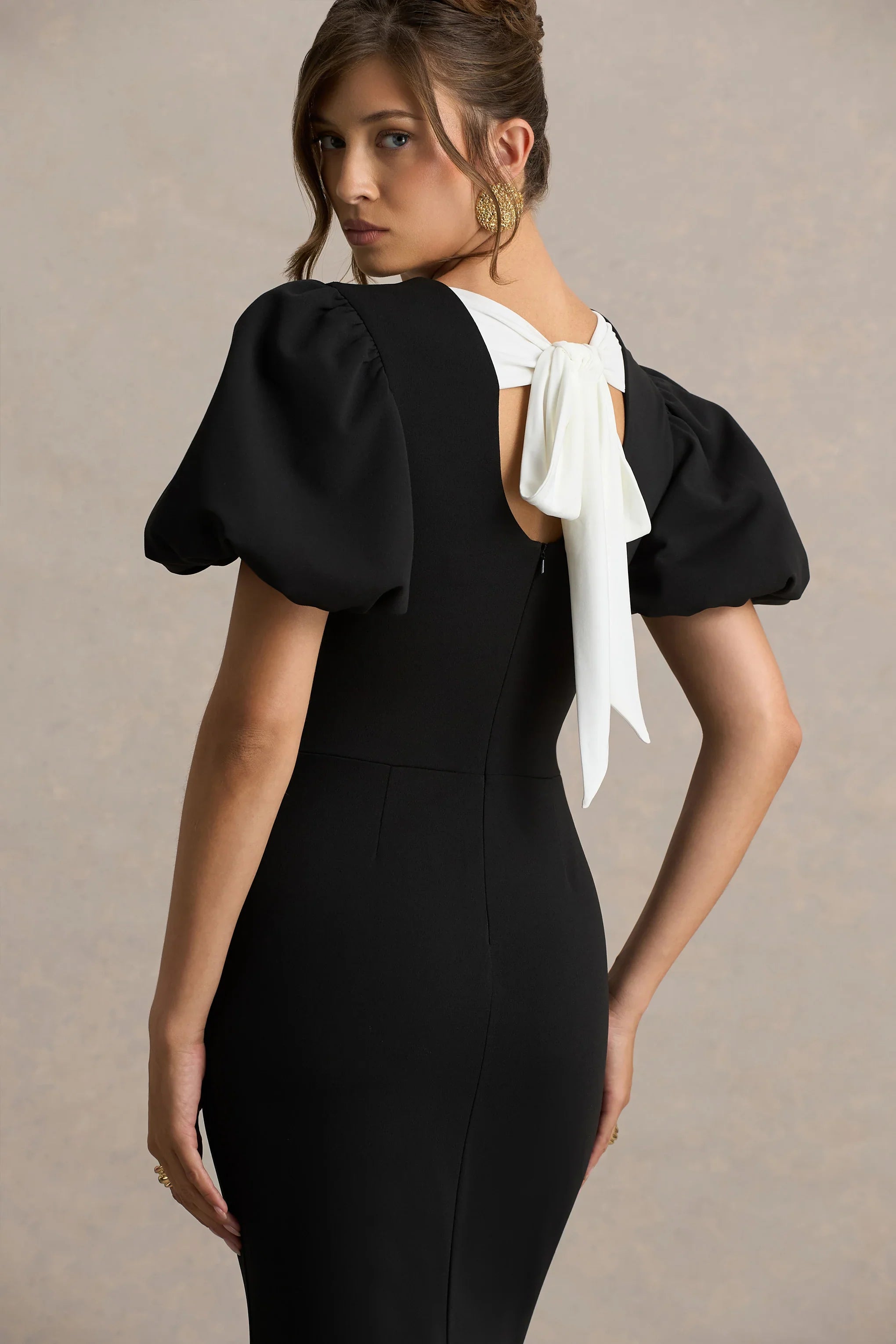 Carolina Black Puff Sleeve Maxi Dress With White Bow Detail