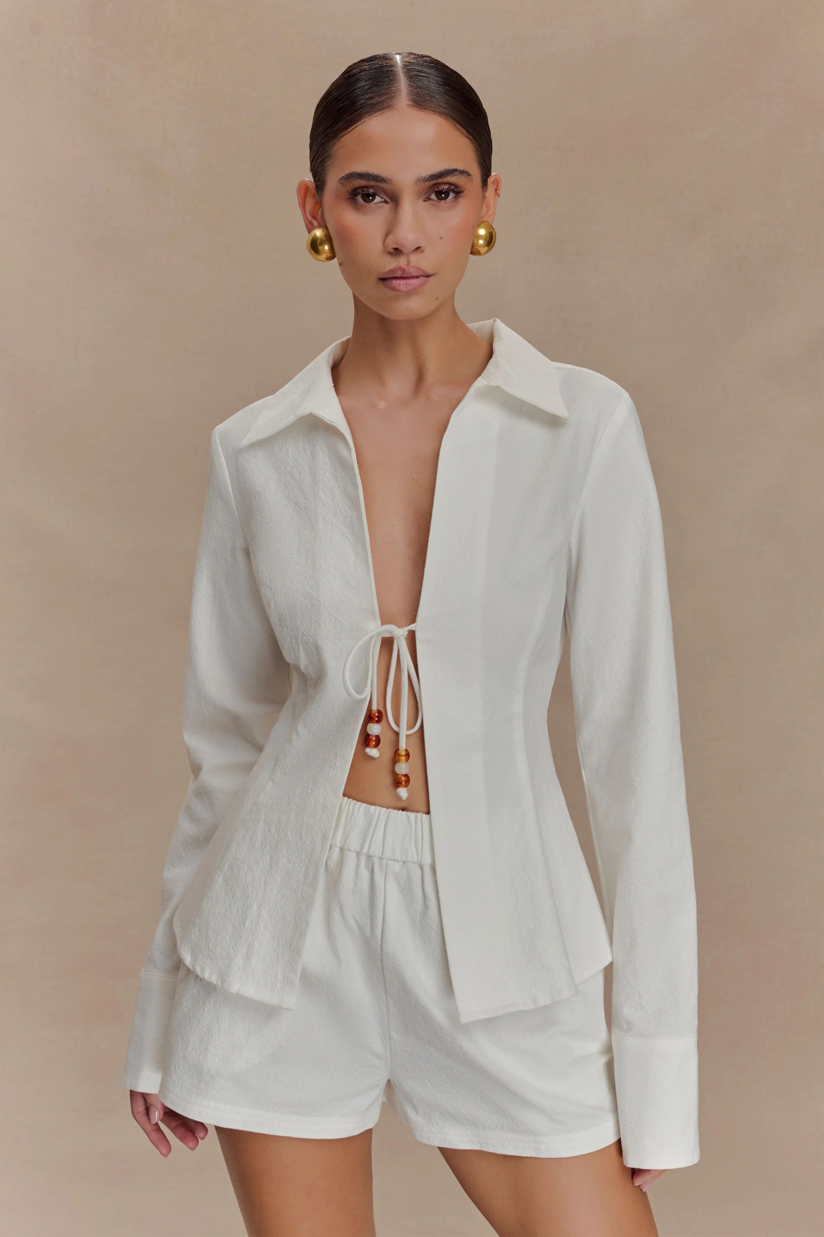 Annalee Cotton Beaded Tie Shirt White