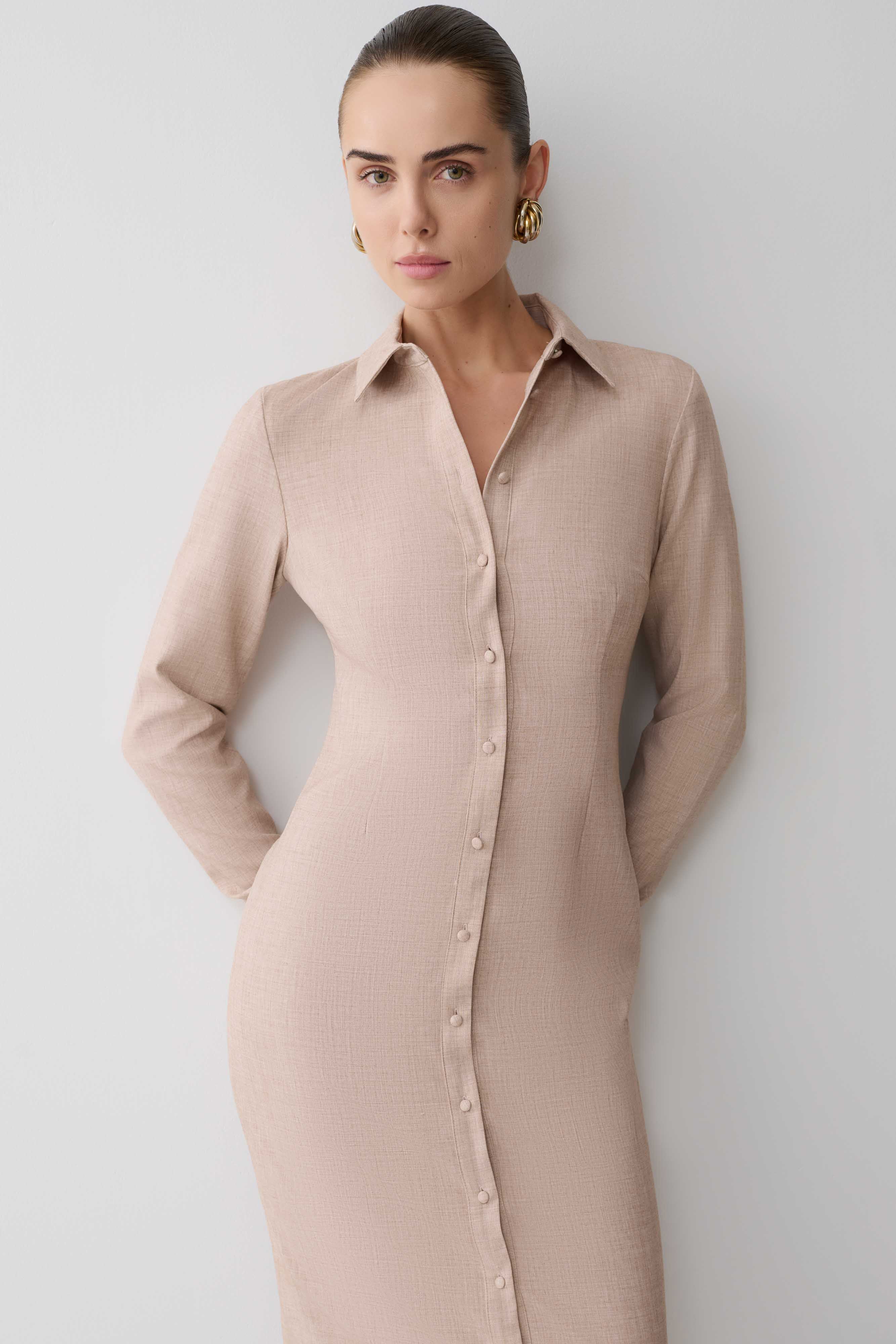 Dorian Fitted Shirt Midi Dress Wheat Marle