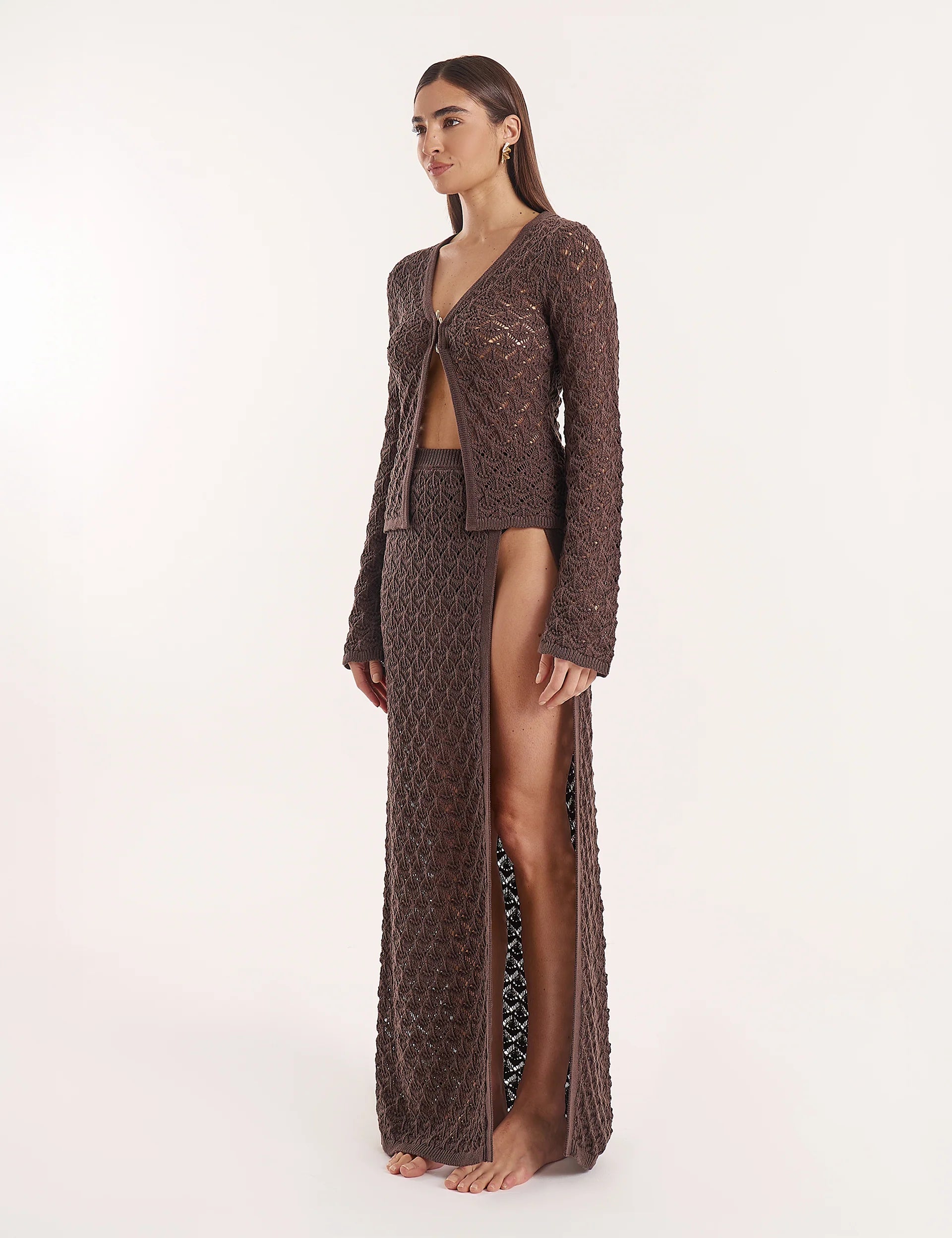 Chocolate Brown Crochet Long Sleeve Top