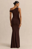 Caelia Brown Asymmetric Neck Maxi Dress With Gold Detailing And Sash