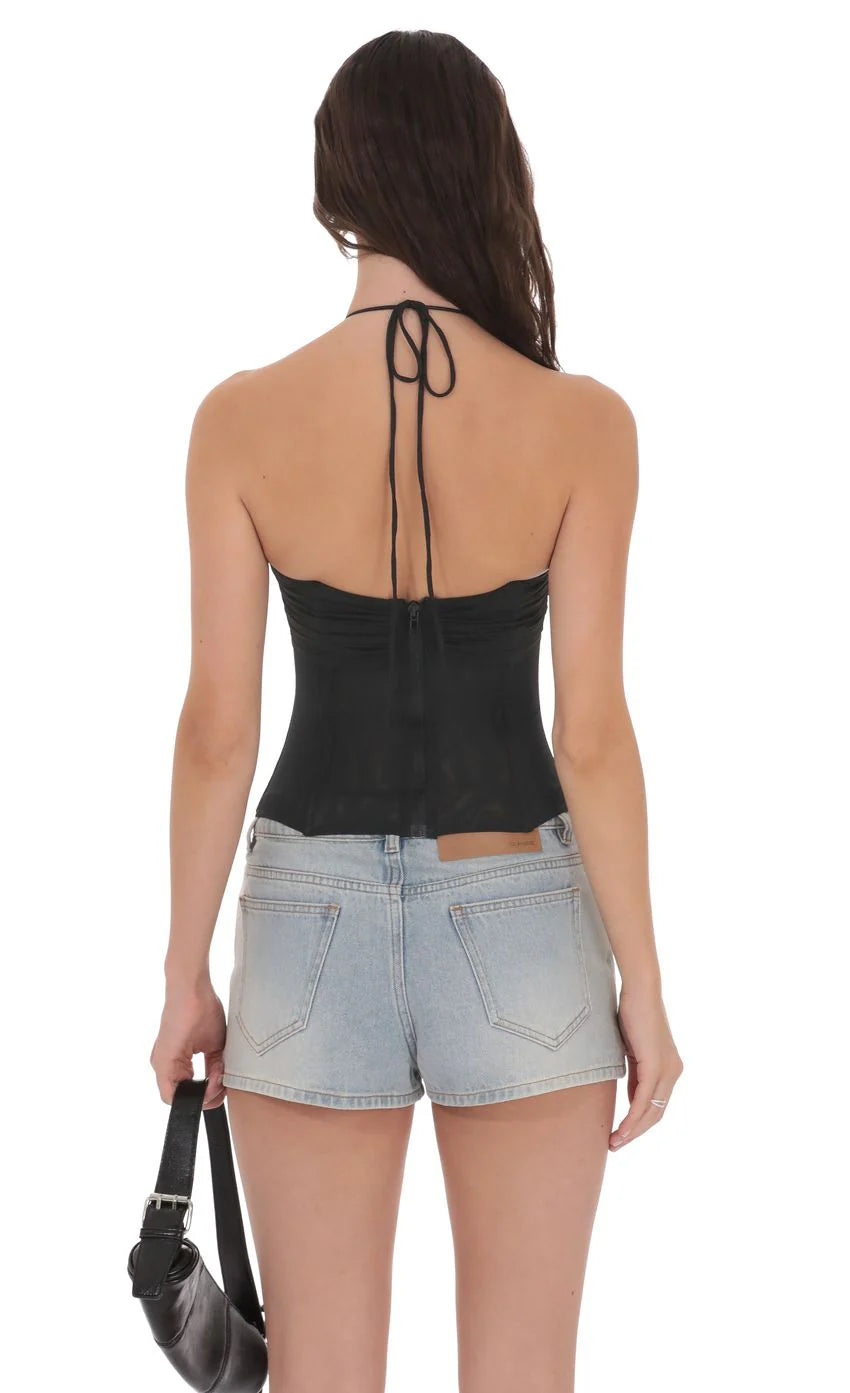 Mesh Corset Cutout Top in Black