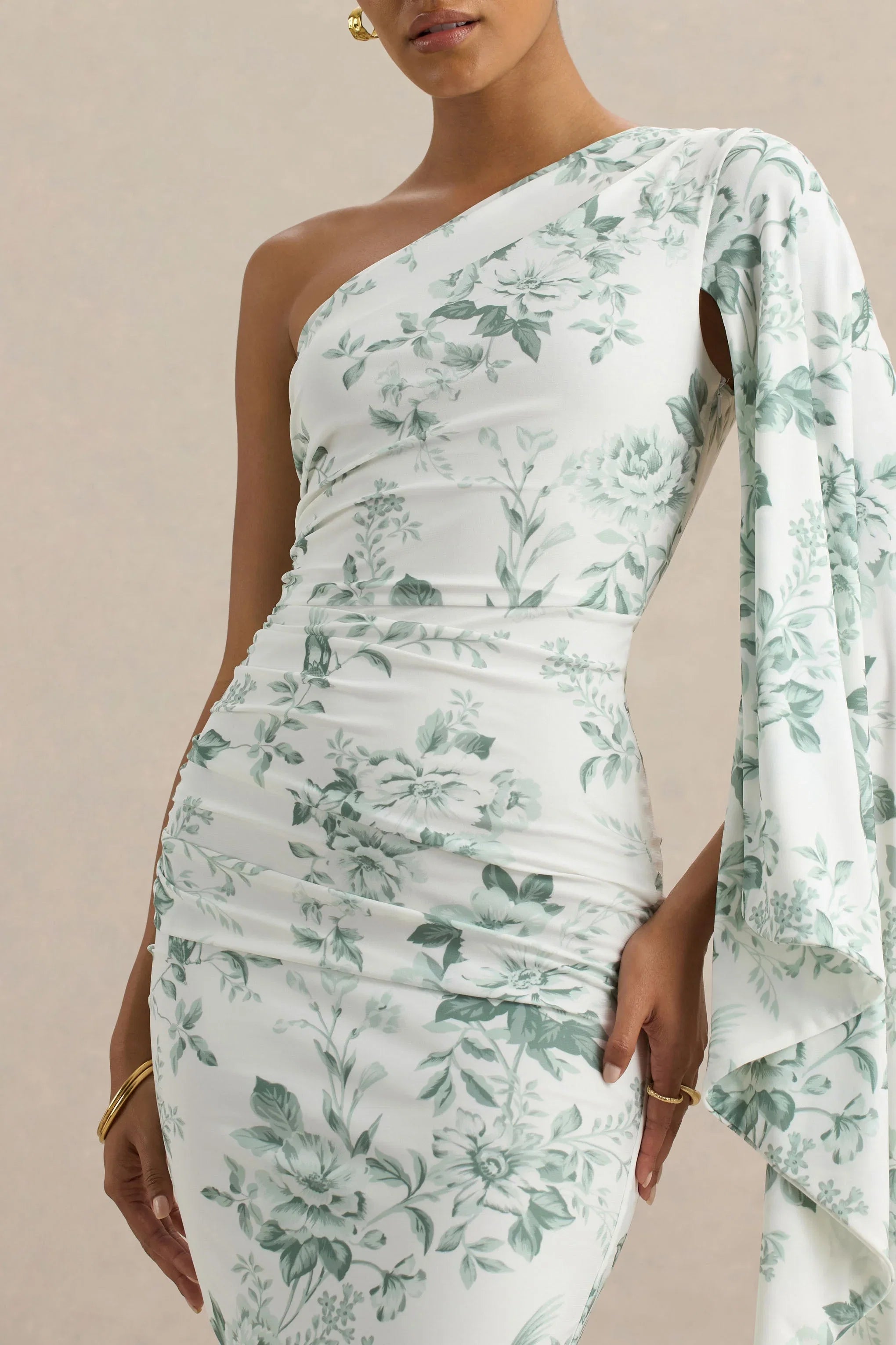 Clementina Green Porcelain Print Asymmetric Cape Sleeve Maxi Dress