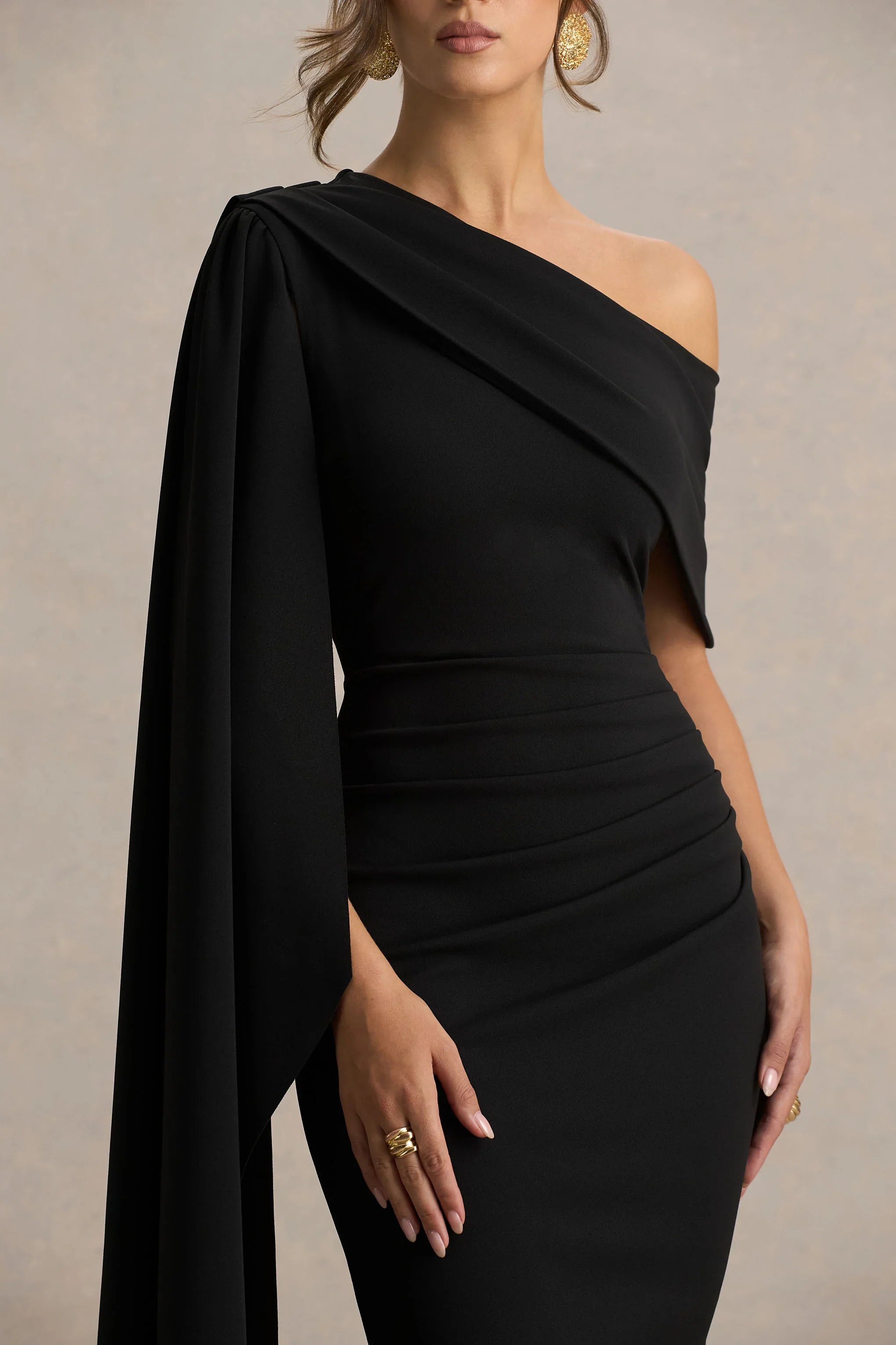 Leah Black Asymmetric Neck Midi Dress With Cape Sleeve