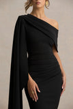 Leah Black Asymmetric Neck Midi Dress With Cape Sleeve
