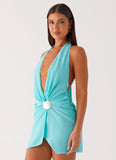 Eleanora Plunge Mini Dress Turquoise