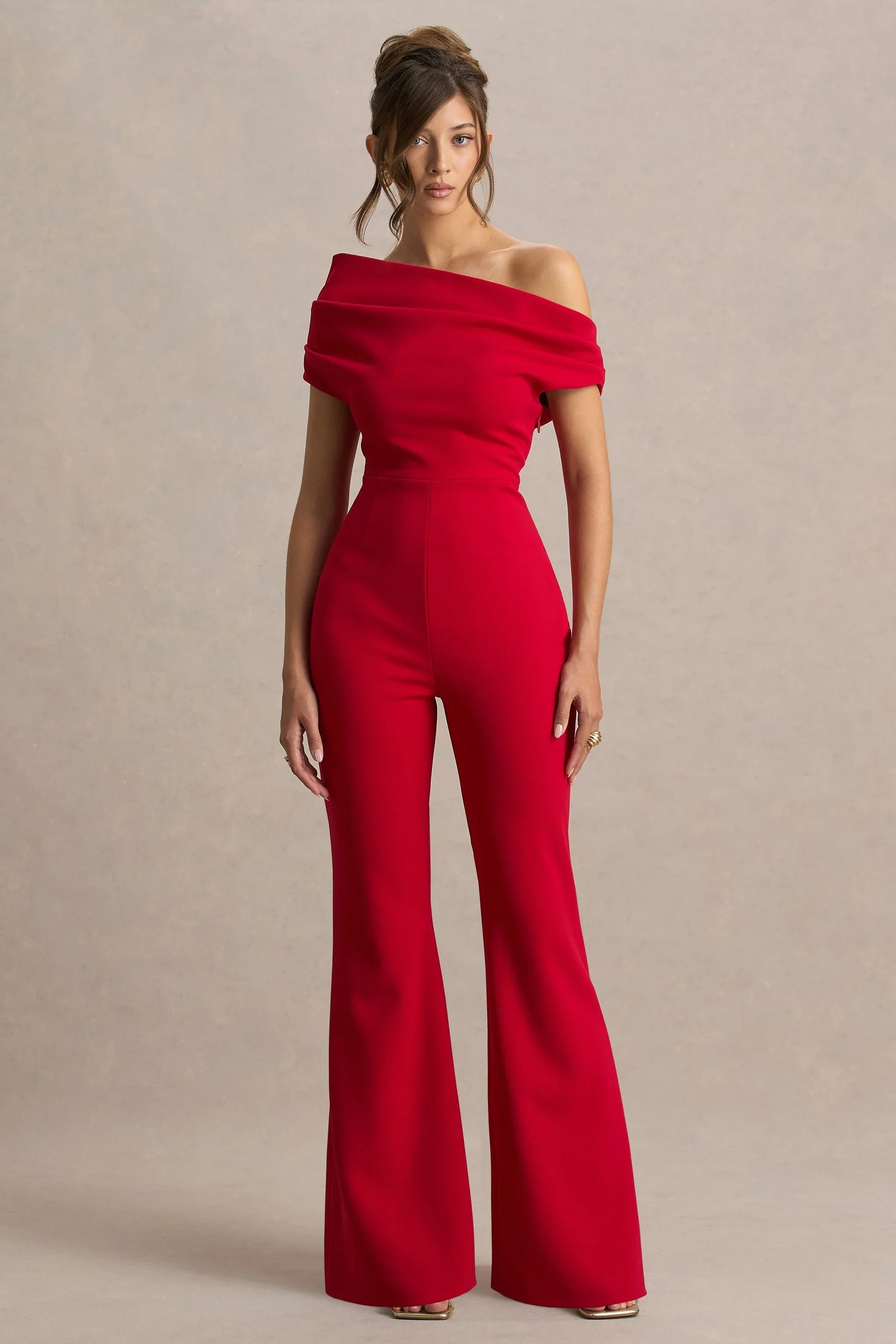 Alexandra Red Asymmetric Neck Draped Jumpsuit