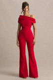 Alexandra Red Asymmetric Neck Draped Jumpsuit