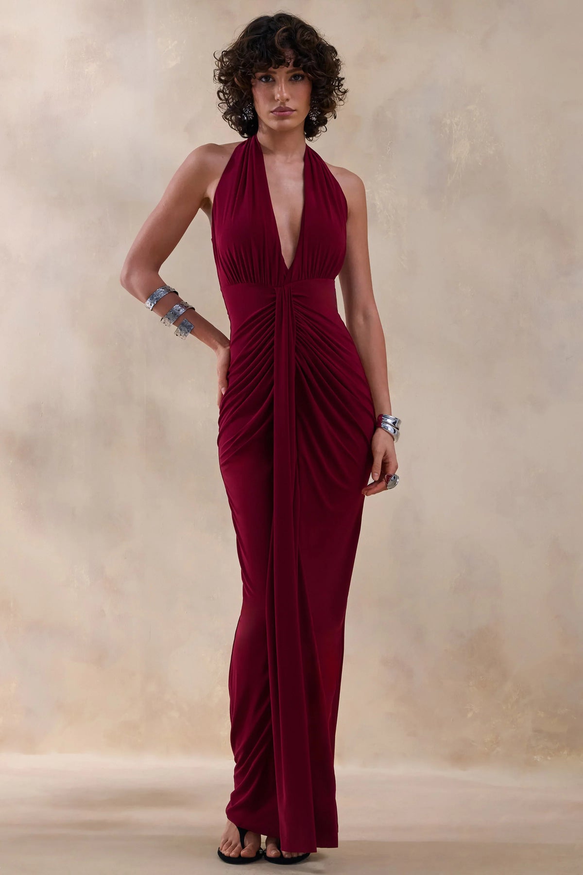 Lesley Burgundy Plunge Neck Maxi Dress