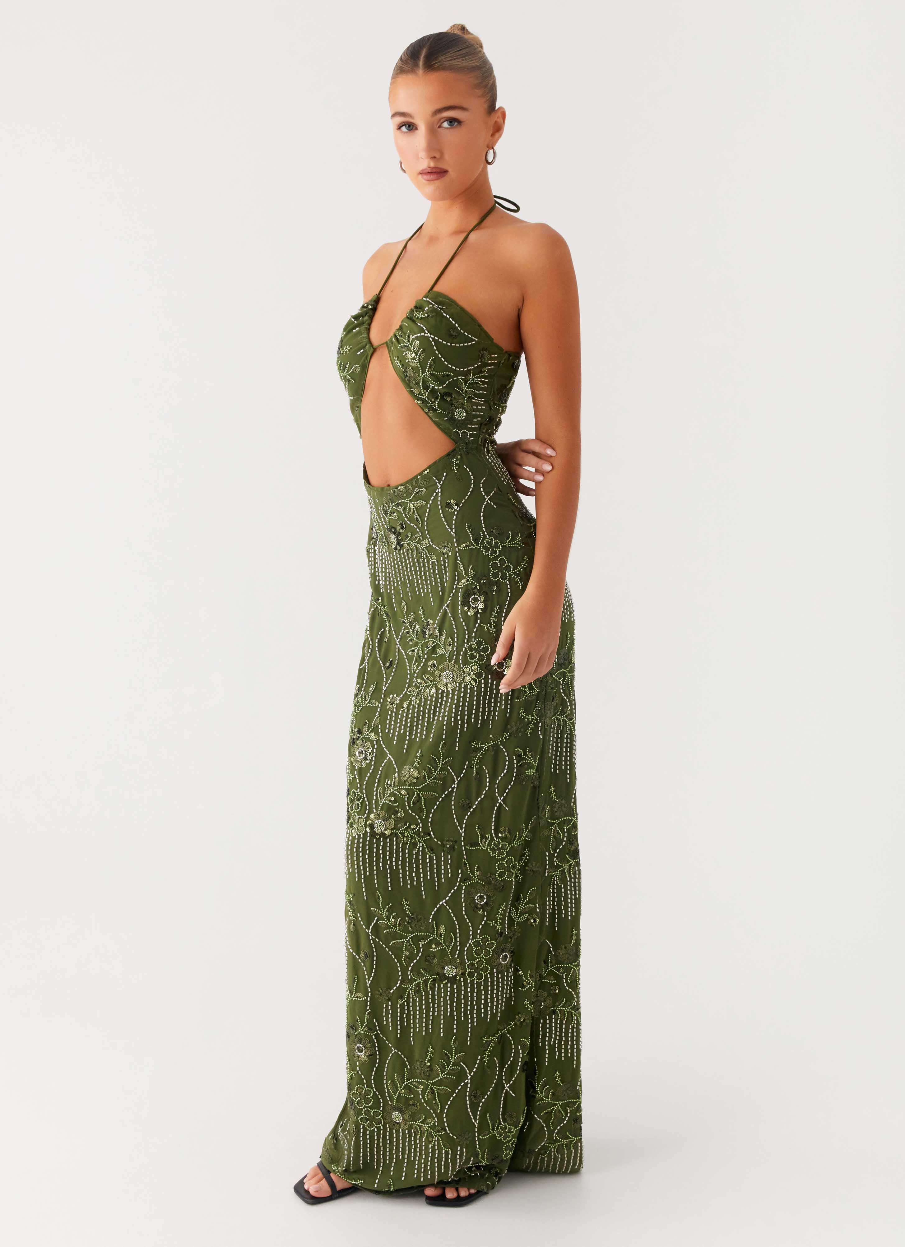 Phoenicia Beaded Maxi Dress Khaki