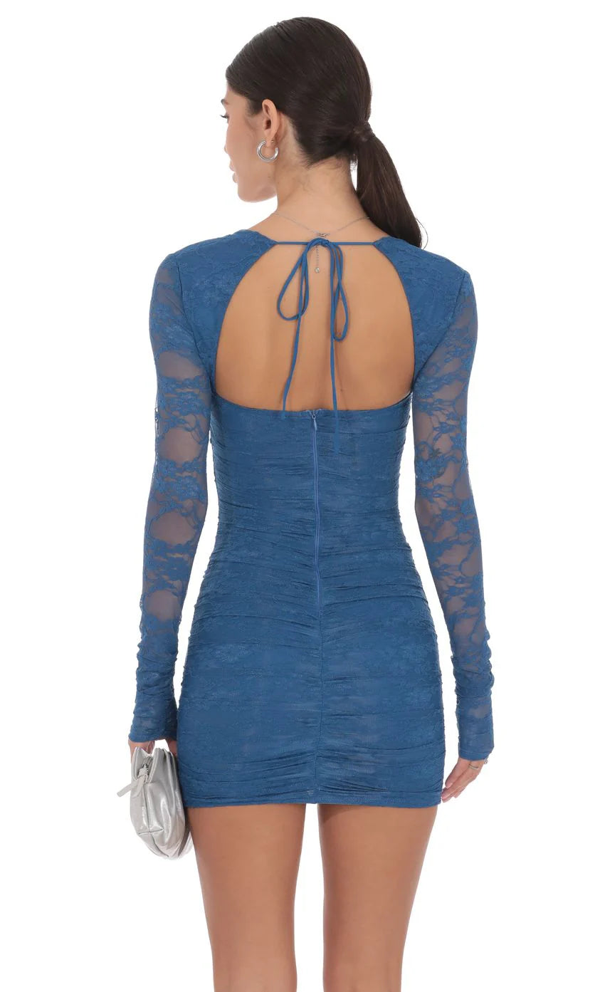 Lace Long Sleeve Bodycon in Blue