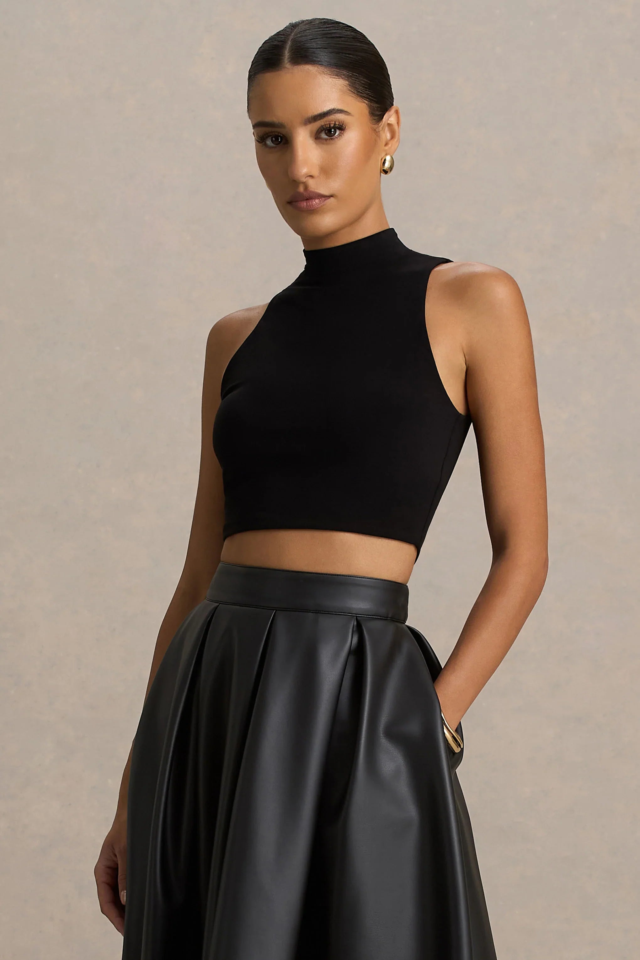 Sian Black High Neck Crop Top
