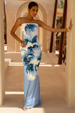 Ceremony Large Blue Floral Print Bandeau Fishtail Maxi Dress