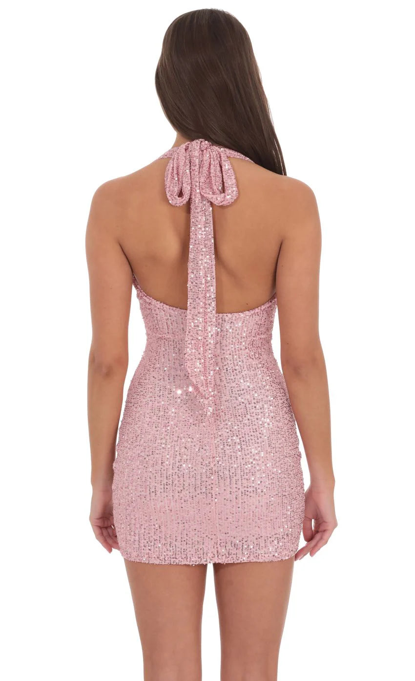 Sequin Halter Dress in Rose Pink