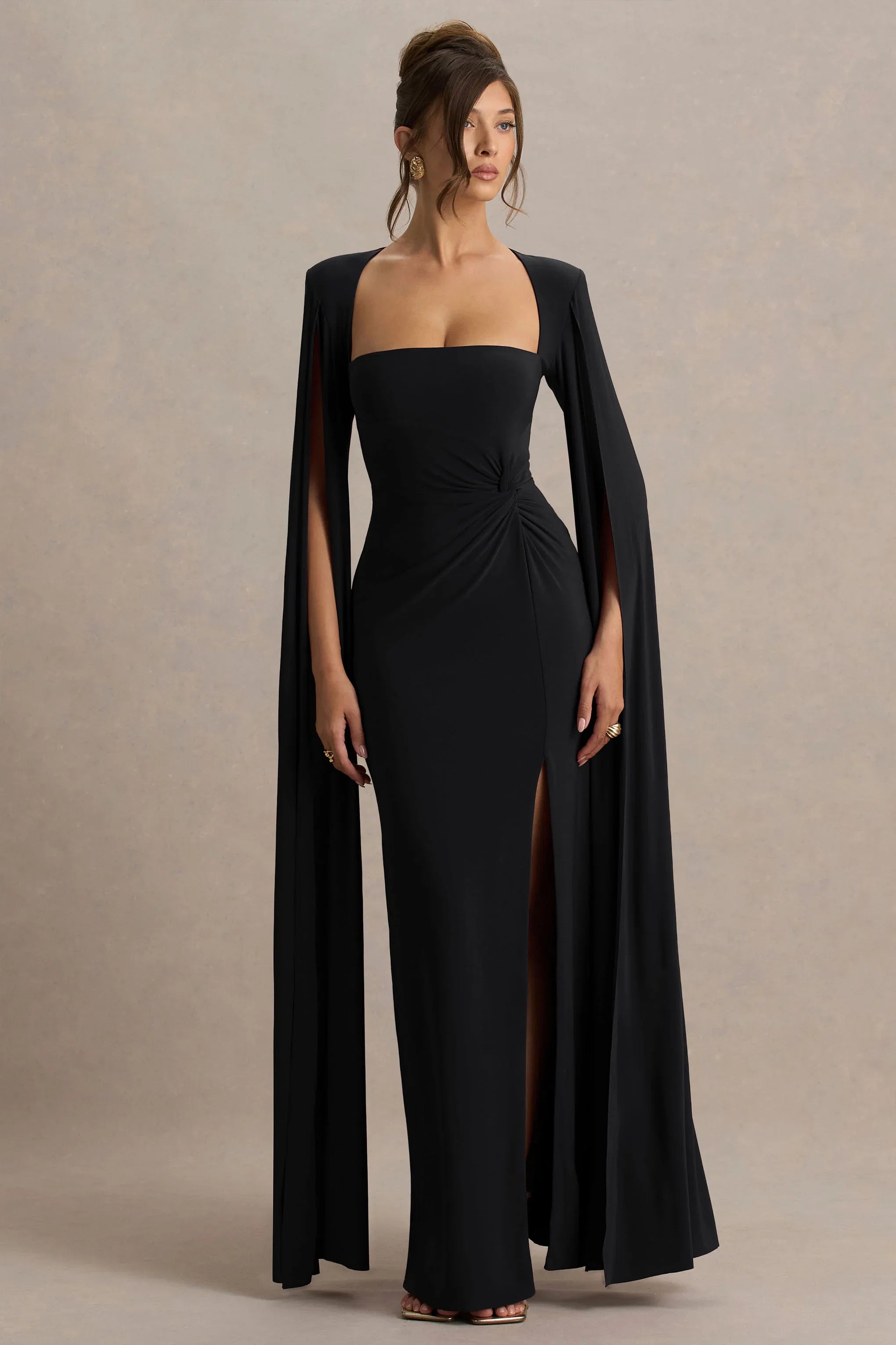 Claretta Black Square Neck Twisted Maxi Dress With Cape Sleeves