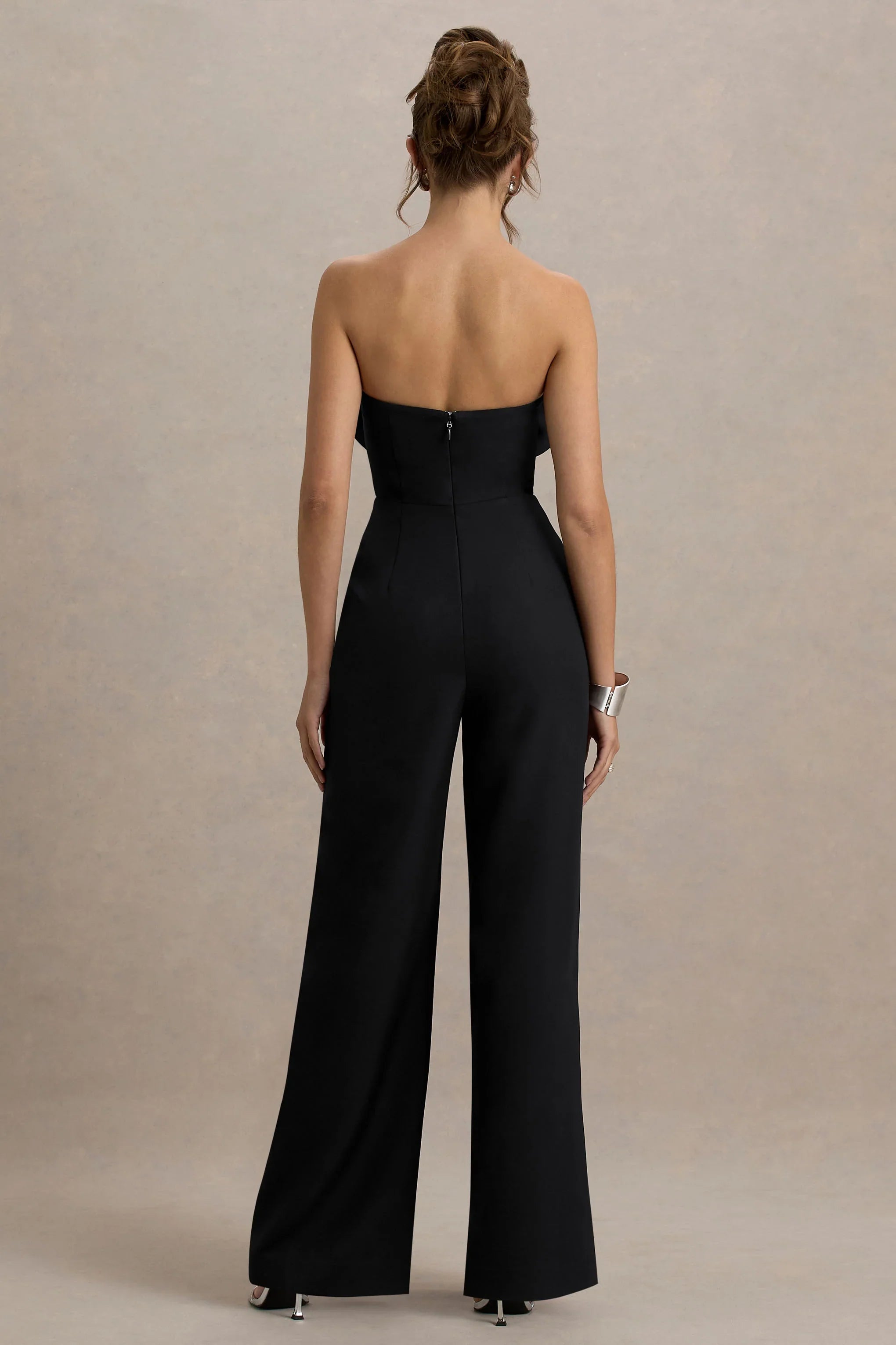 Opia Black Bandeau Wide Leg Jumpsuit With Large Floral Corsage