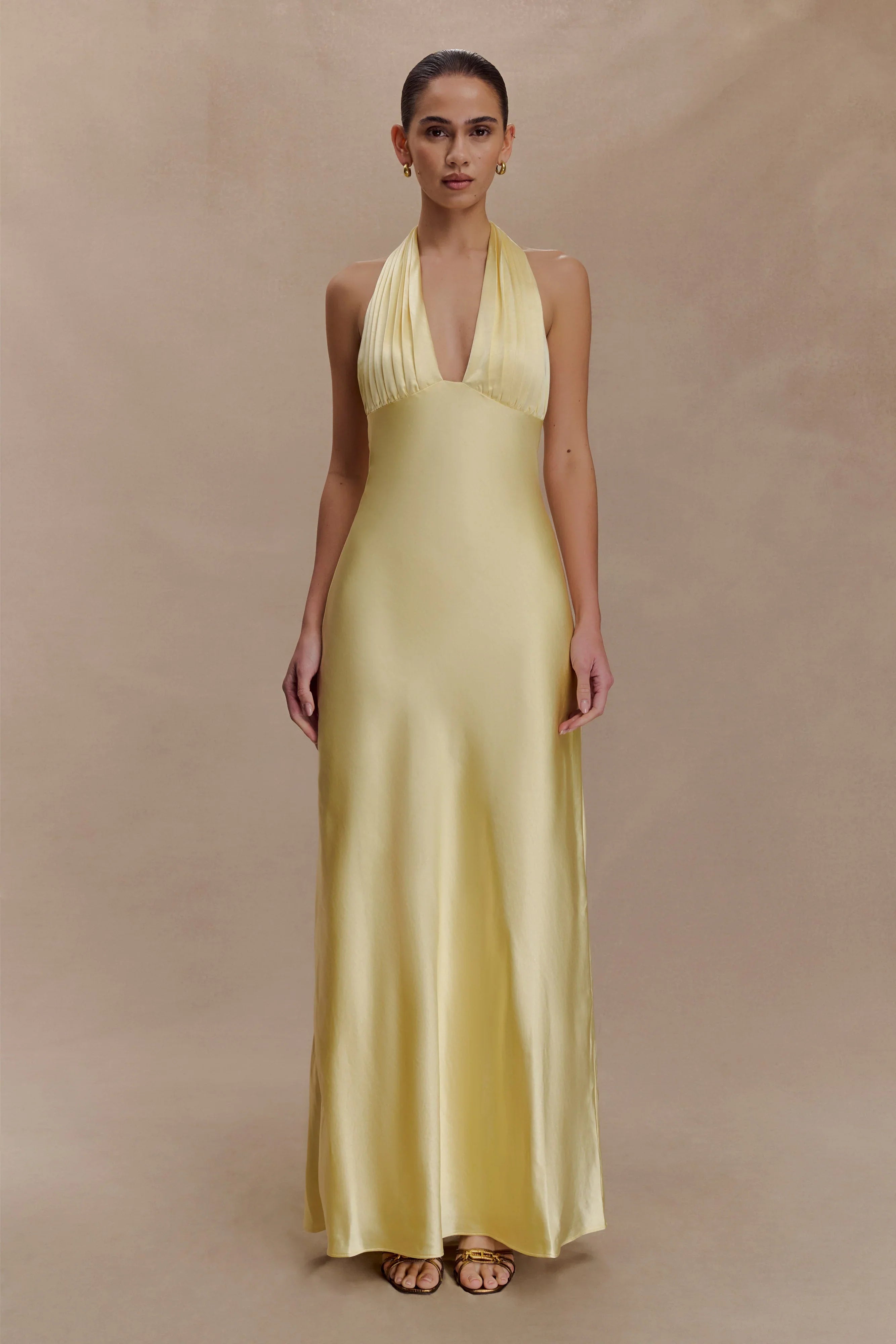 Alice Satin Halter Maxi Dress Lemon