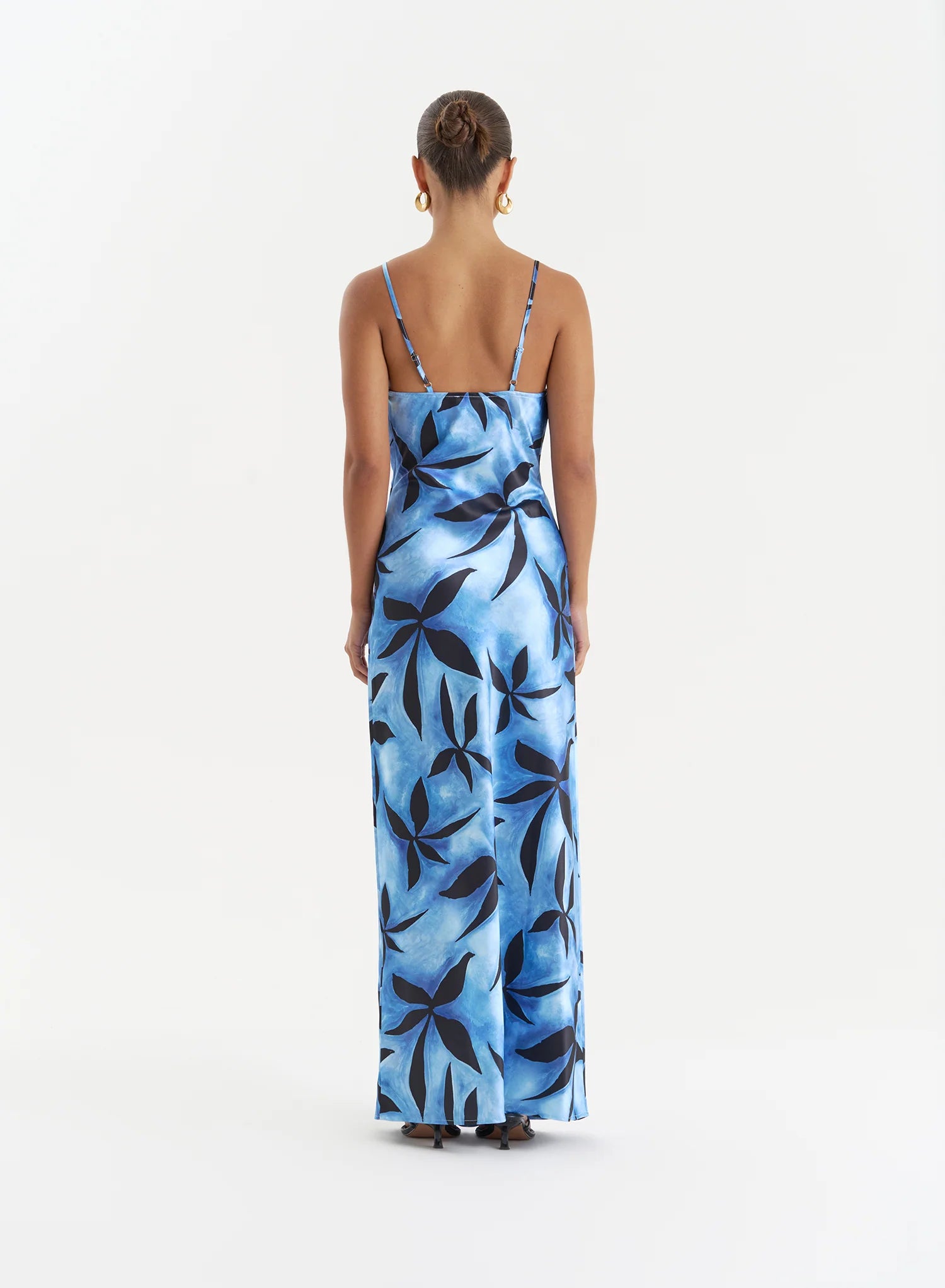 Blue Floral Print Satin Maxi Dress Monique