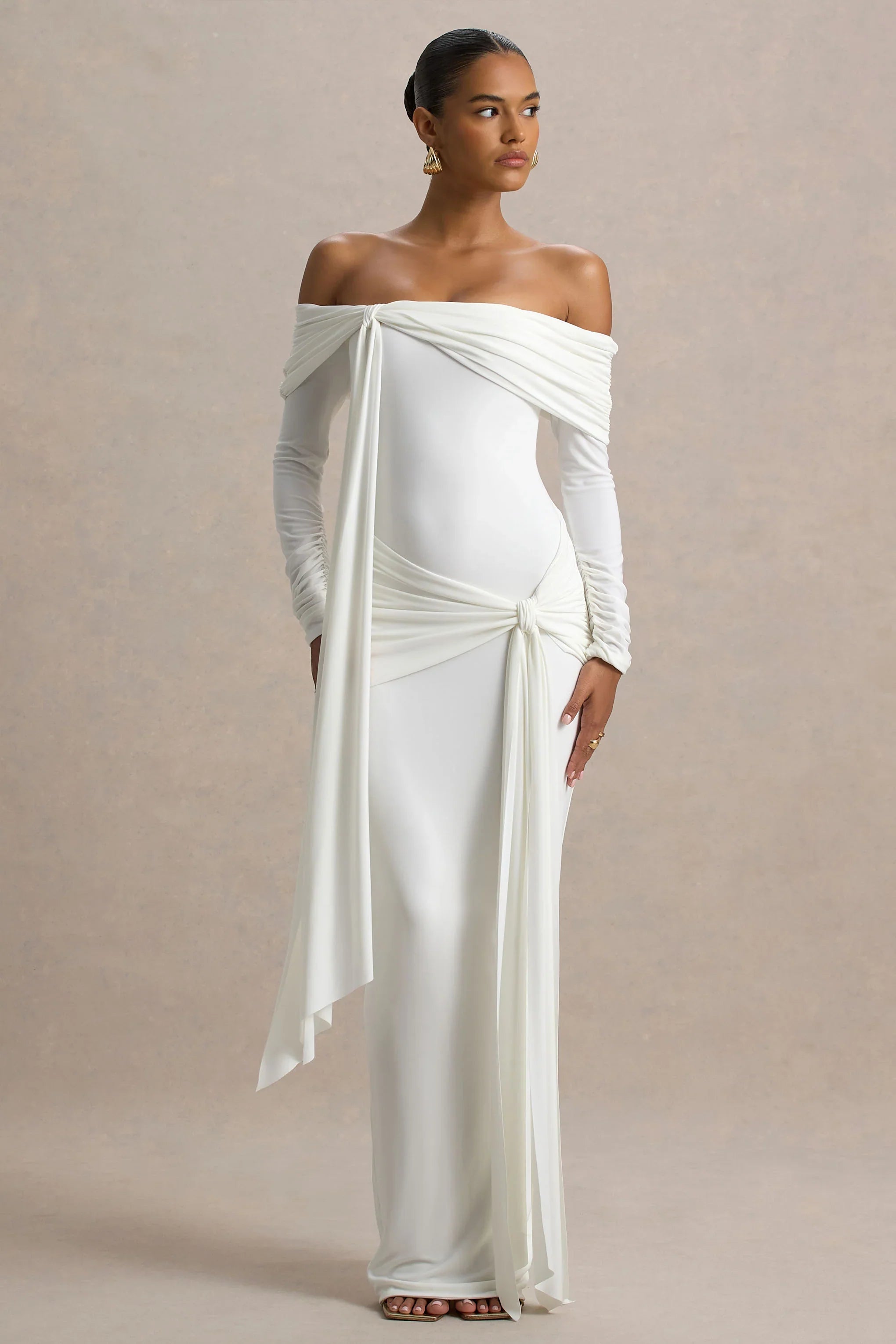 Jovie White Bardot Wrap Maxi Dress With Sash Detail