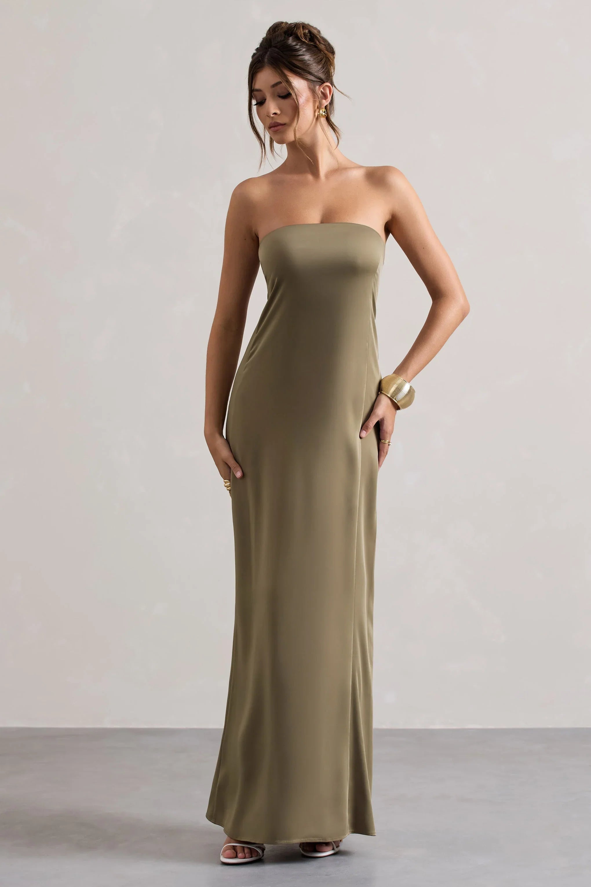 Azra Olive Satin Bandeau Maxi Dress