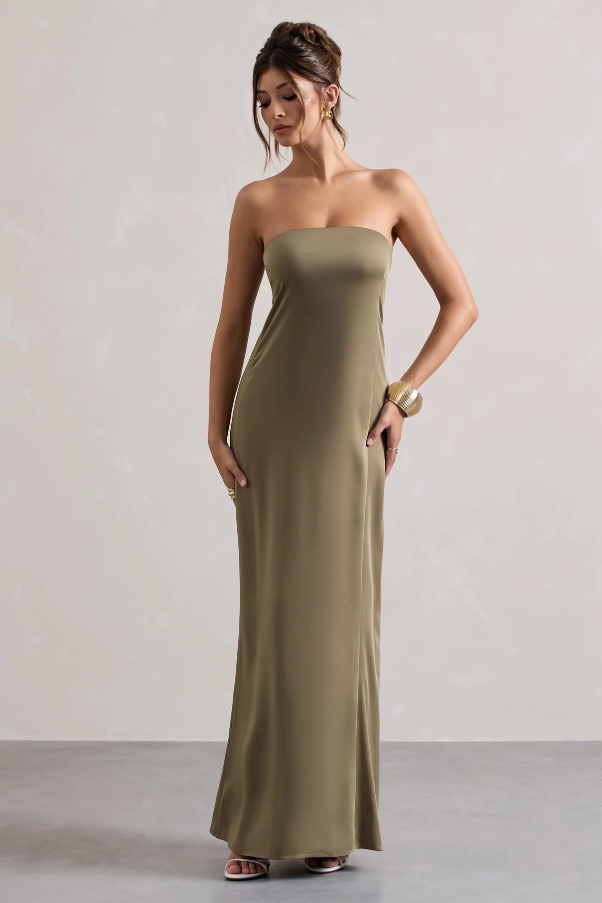 Azra Olive Satin Bandeau Maxi Dress