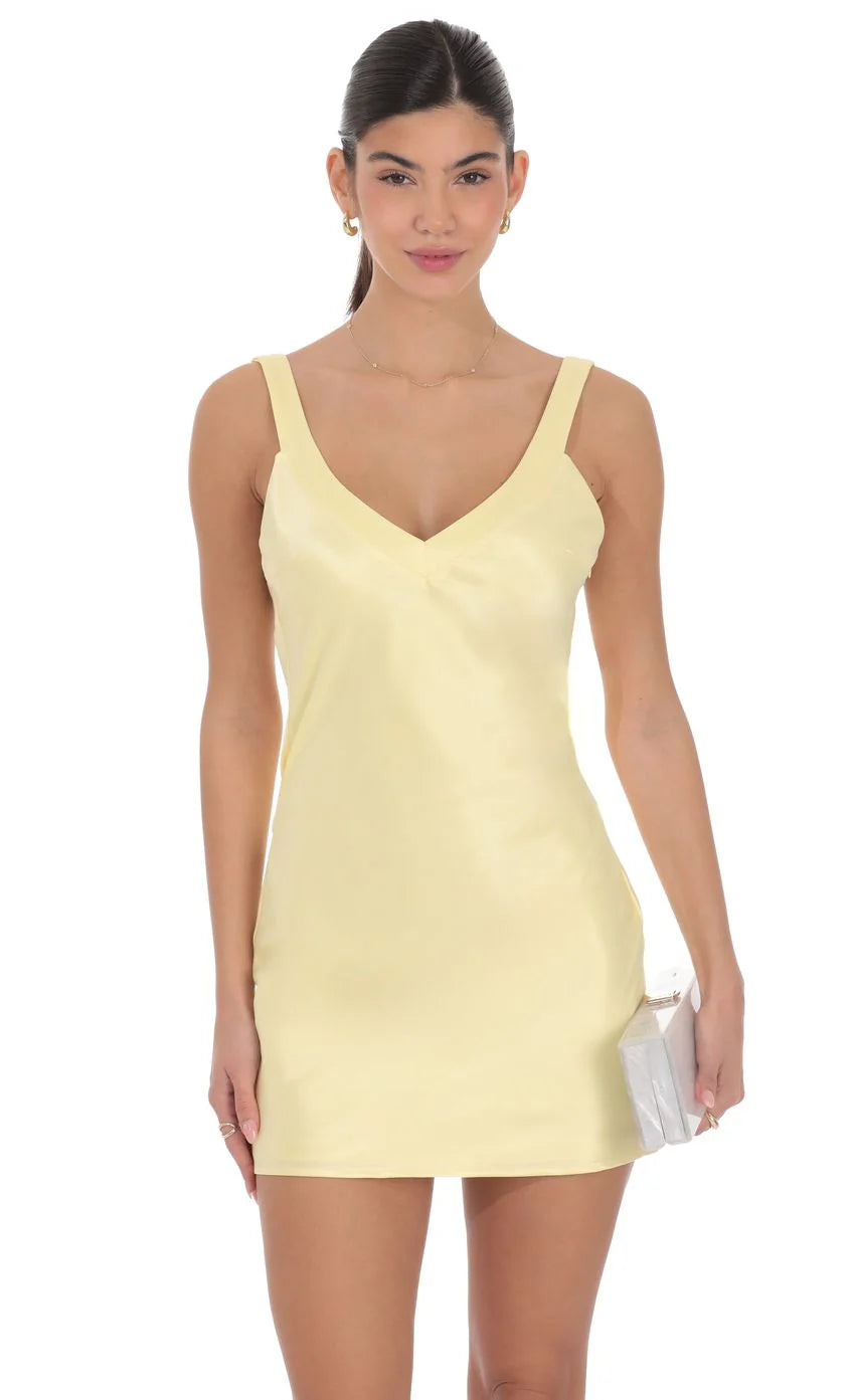 Satin Open Back Dress in Yellow