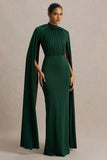 Darielle Bottle Green High Neck Cape Sleeve Maxi Dress