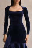 Emberlyn Navy Velvet Scoop Neck Fishtail Midi Dress