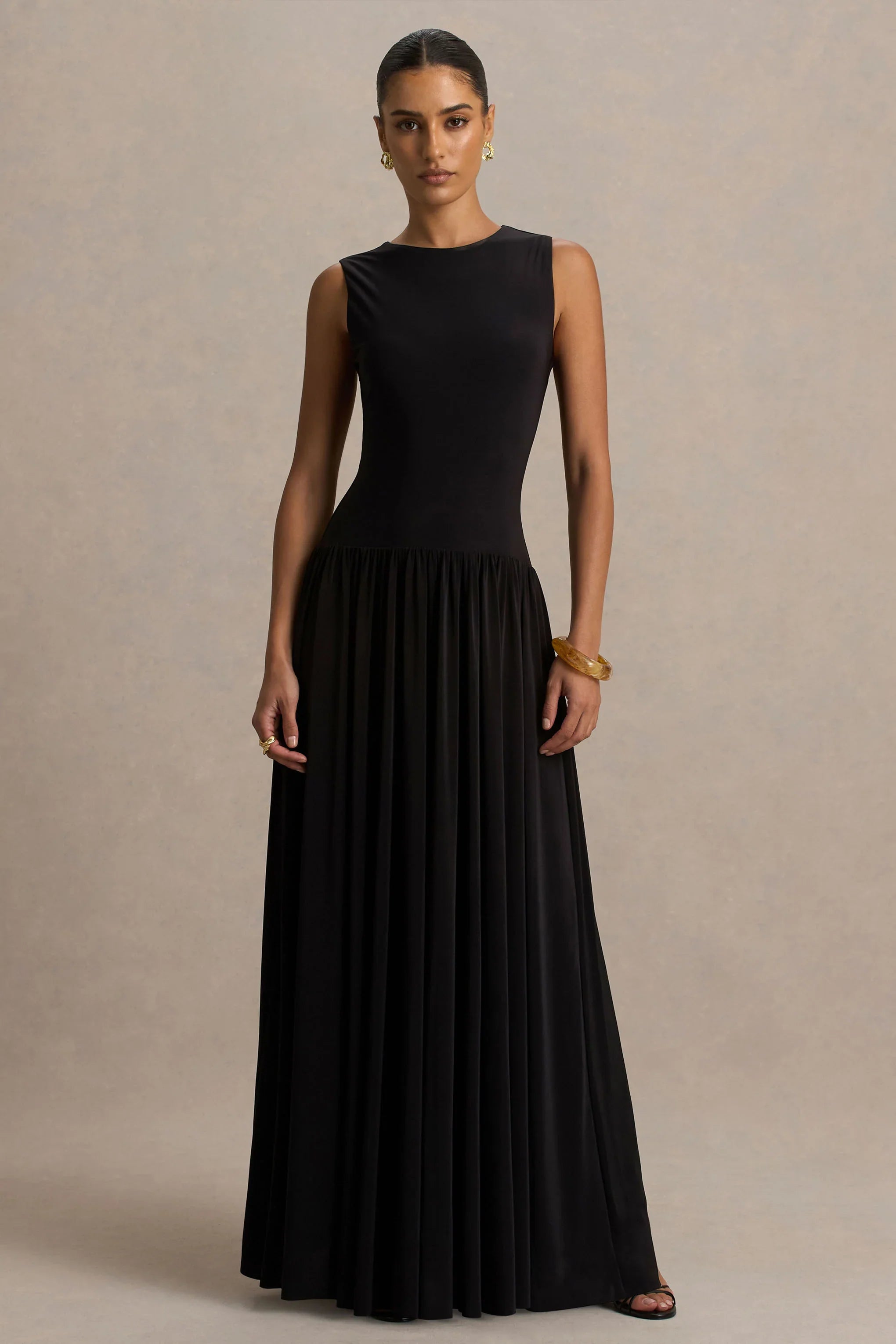 Rosalita Black Crew Neck Maxi Dress With Drop Waist