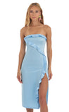 Satin Strapless Midi Dress in Blue