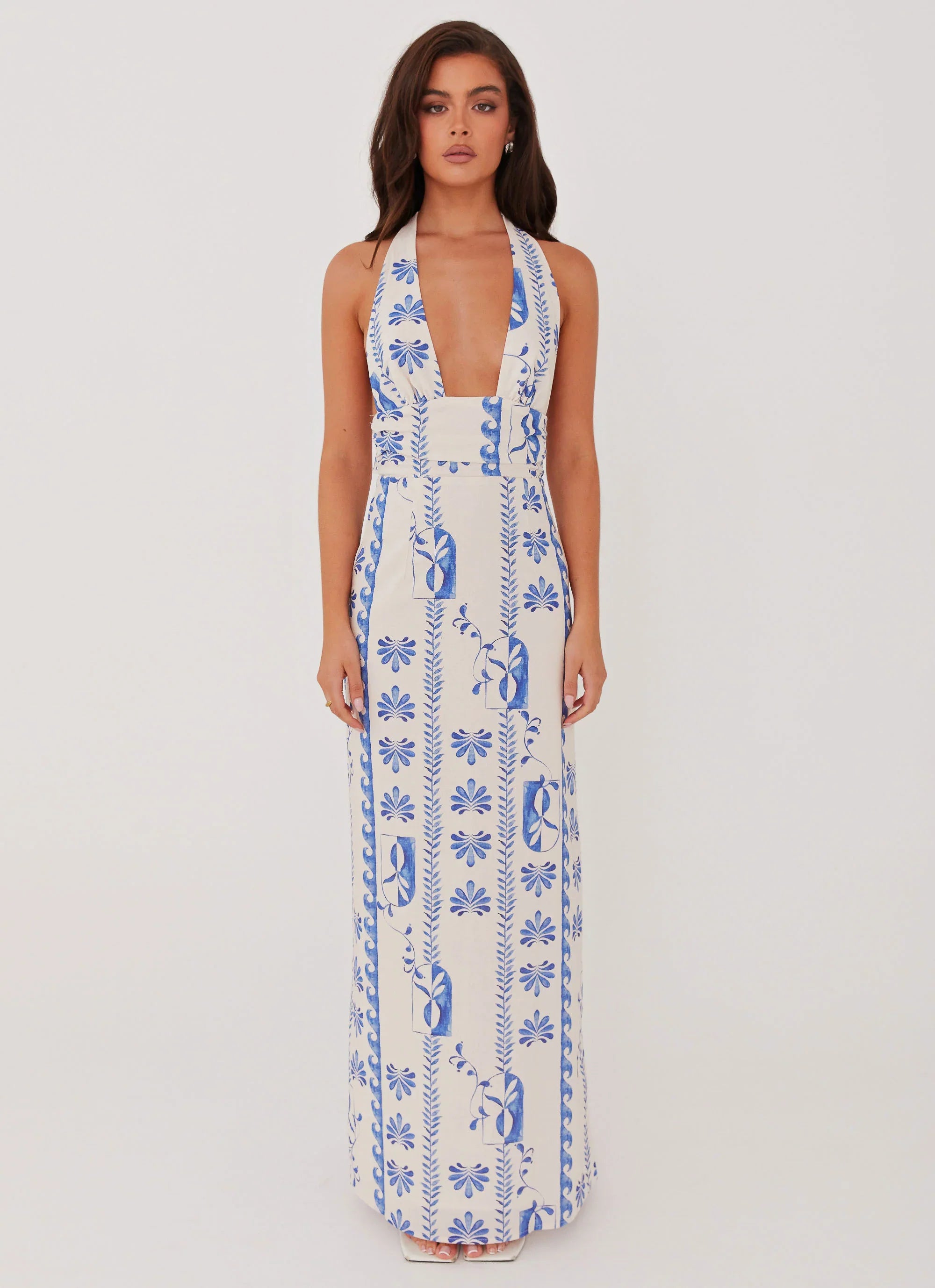 Sky Linen Maxi Dress Floral Wave