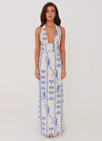 Sky Linen Maxi Dress Floral Wave