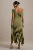 Castor Olive Asymmetric Midi Dress