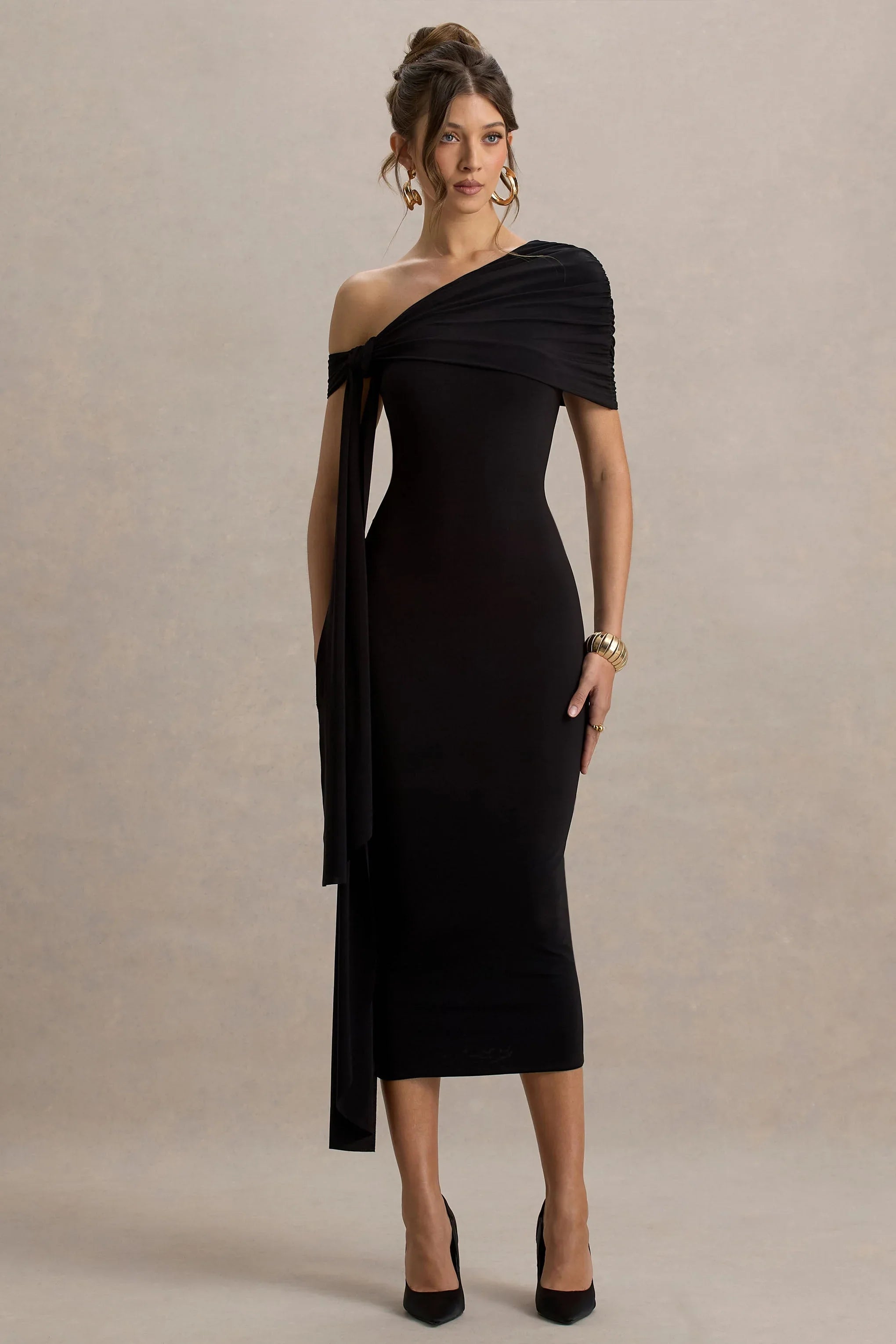 Praia Black Asymmetric Neck Maxi Dress With Sash and Draped Detailing
