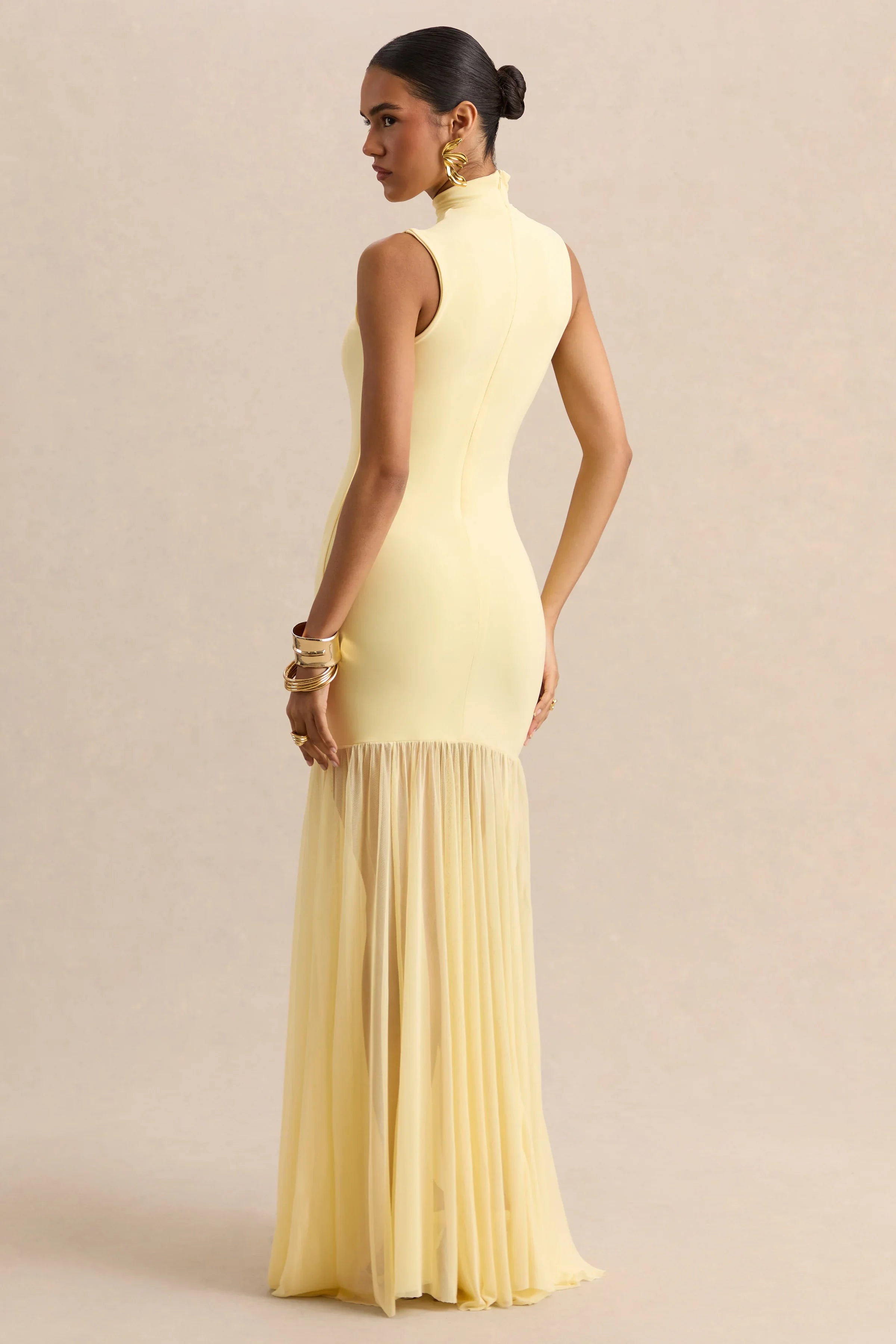 Felina Lemon High Neck Maxi Dress With Sheer Skirt
